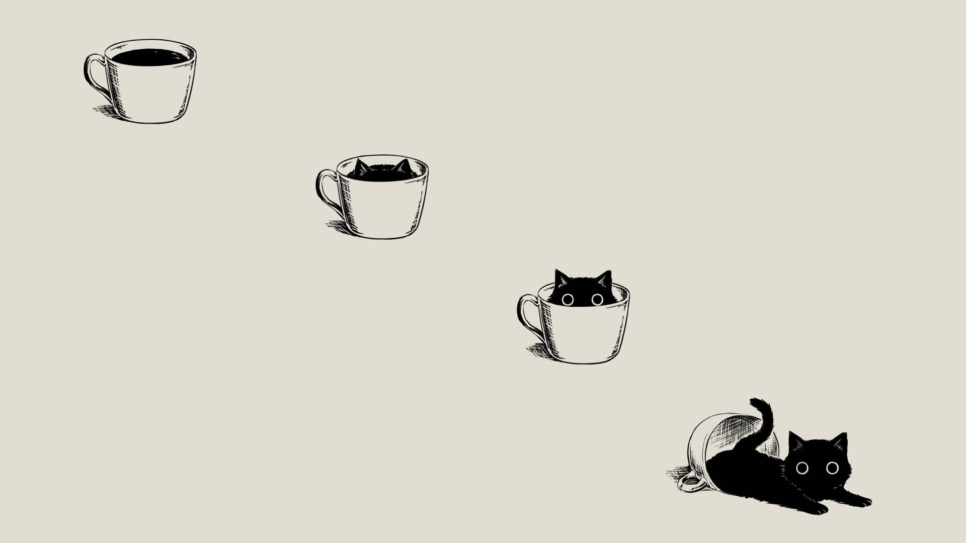 cute aesthetic pc 桌布 壁紙 — 一隻頑皮的黑貓從翻倒的咖啡杯中出現，而另外三個杯子漂浮在上方，有貓咪探出頭來。