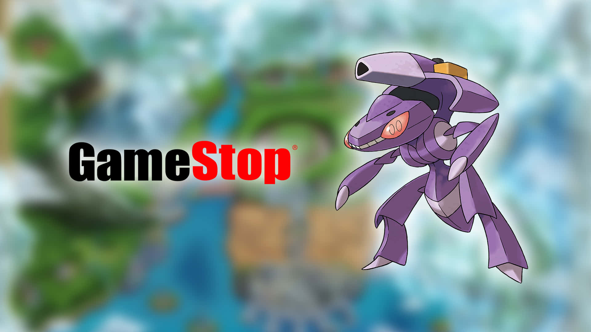 藝術 桌布 壁紙 — 一隻頭上有大砲的紫色Pokémon在模糊地圖背景上漂浮在GameStop標誌旁邊。