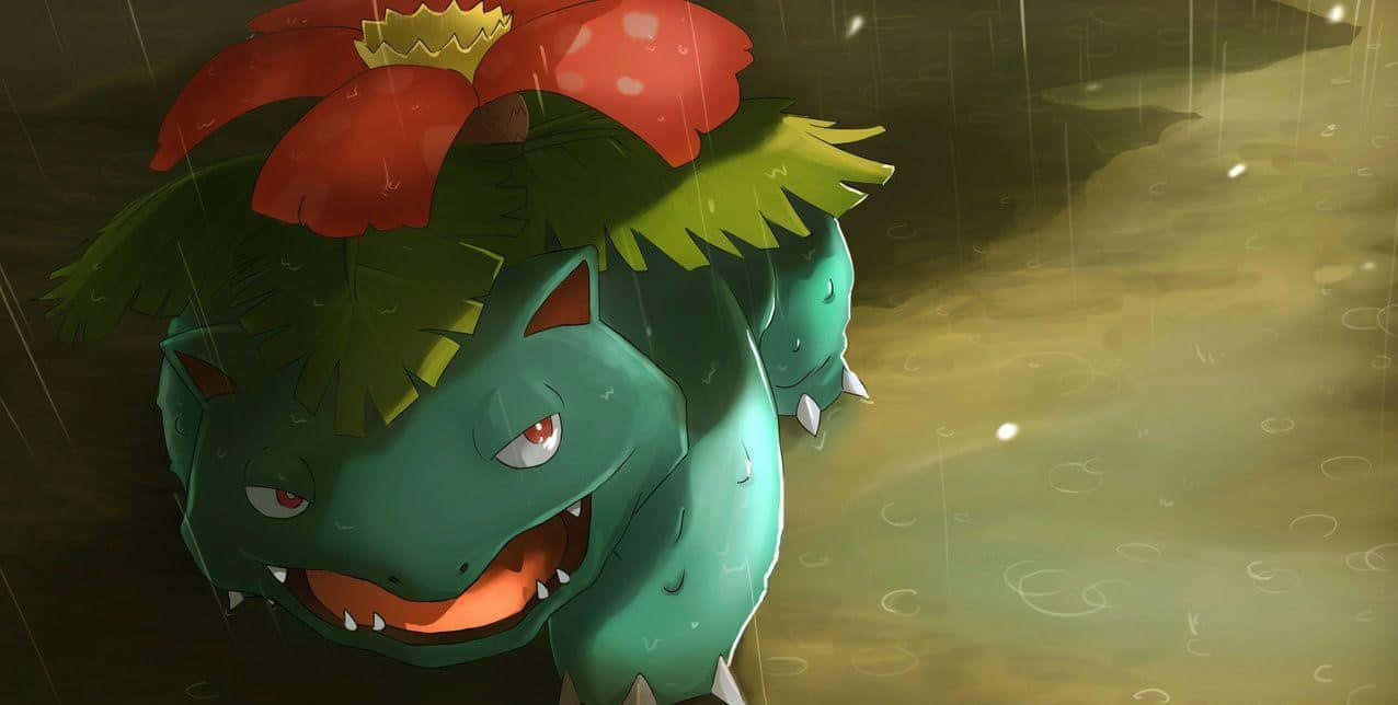 動漫 桌布 壁紙 — 一隻頭上有紅色花的綠色寶可夢站在雨中，眼睛發光，牙齒鋒利。