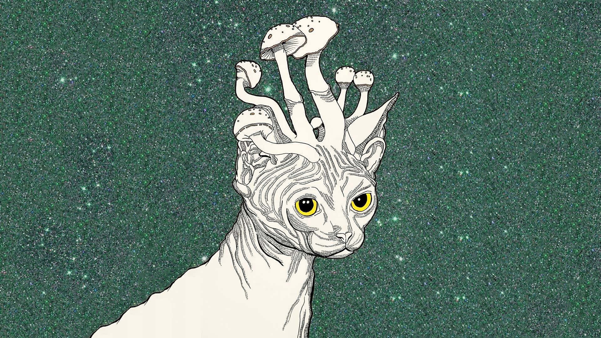Trippy Animals 桌布 壁紙 — 一隻頭頂長出蘑菇的斯芬克斯貓，凝視著閃爍的藍綠色星空。