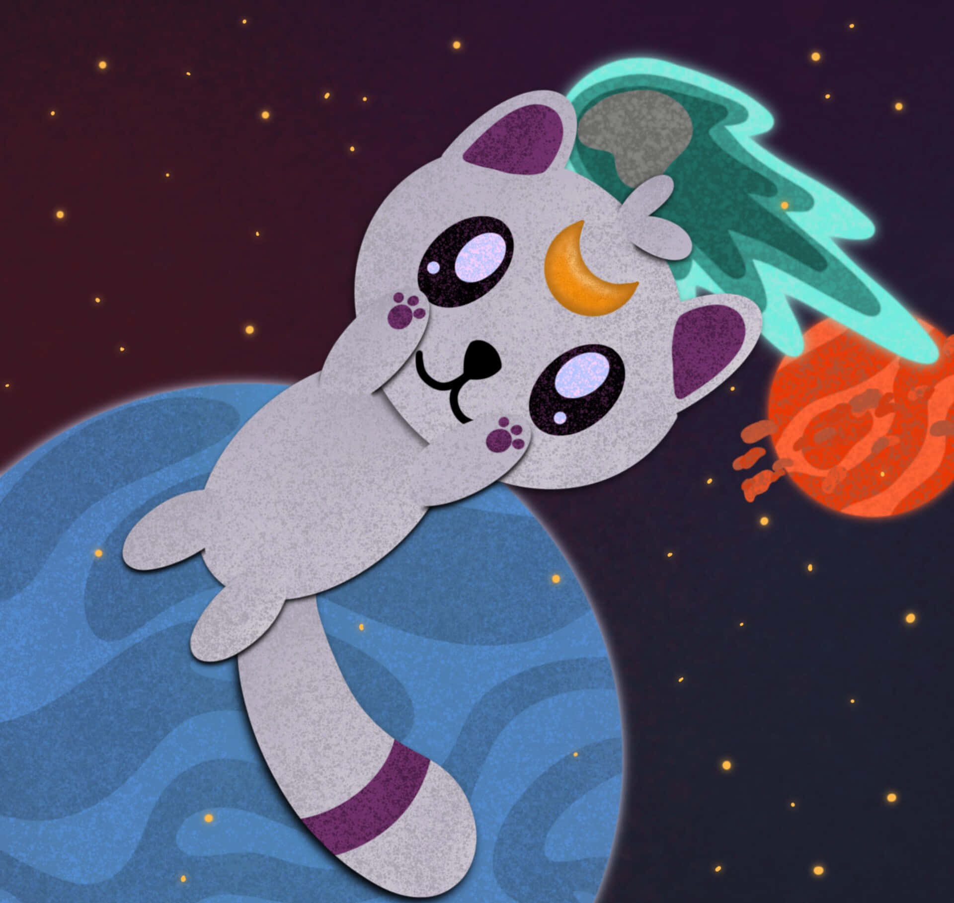 Kawaii Space 桌布 壁紙 — 一隻額頭上有新月圖案的可愛剪紙風格貓咪，在藍色行星和橙色月球附近的太空中漂浮。
