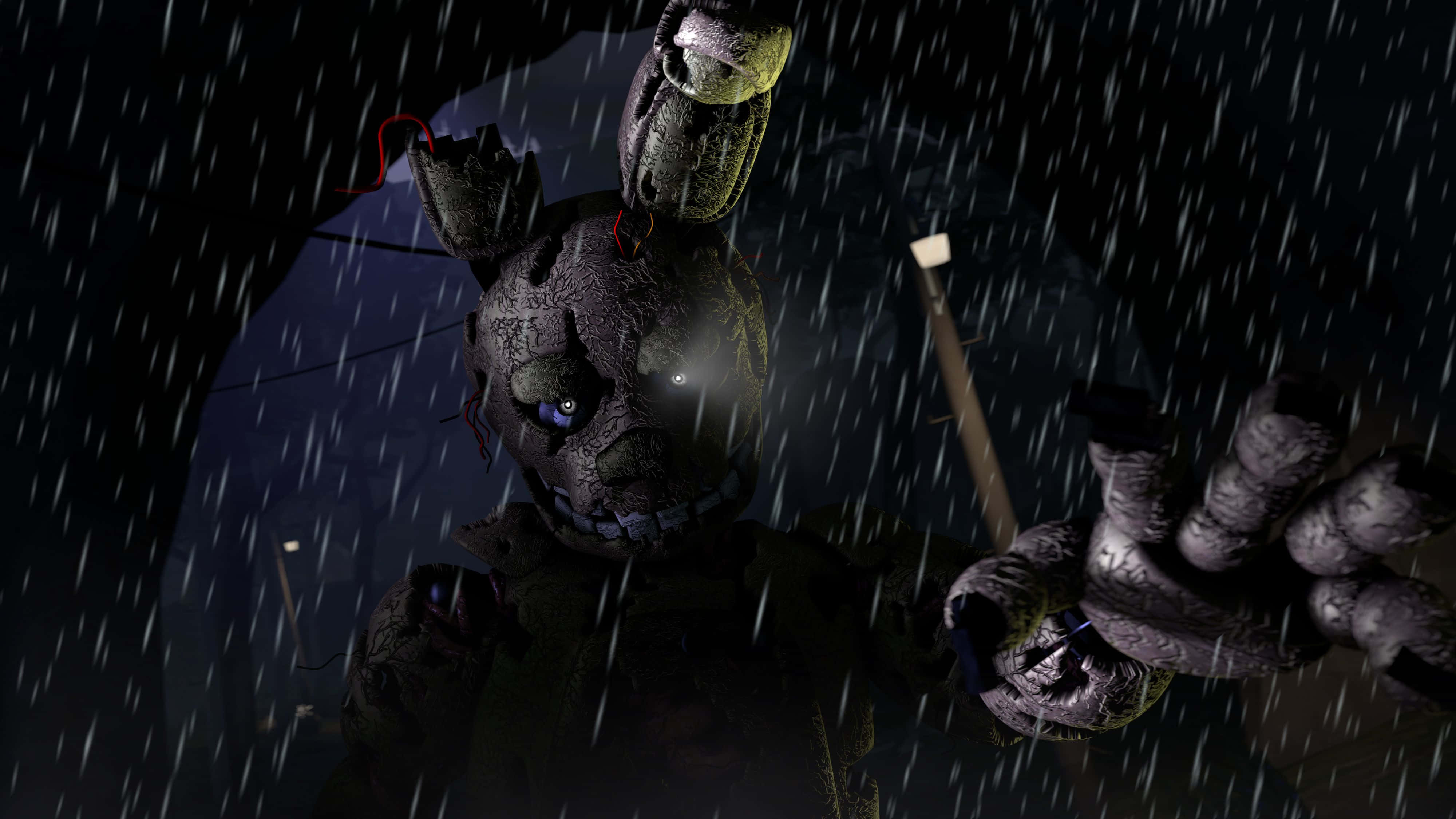 Springtrap 桌布 壁紙 — 一隻風化的電子動畫兔，眼睛發光，在黑暗的雨中環境伸出手。