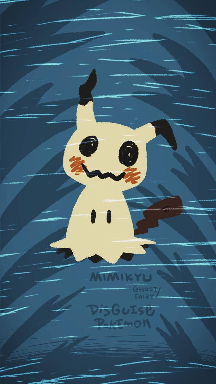 Pokémon 手機 桌布 壁紙 — 一隻風格化的 Mimikyu 幽靈寶可夢漂浮在旋轉的深藍色水中，帶著頑皮的笑容。
