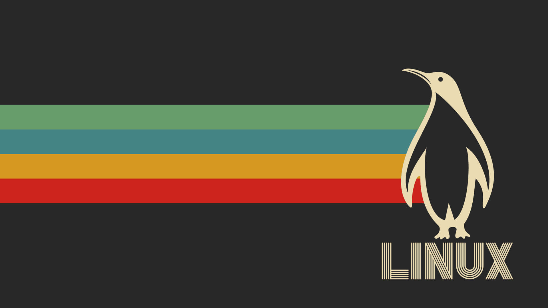 Linux 桌布 壁紙 — 一隻風格化的企鵝站在彩虹條紋和Linux字詞旁邊，背景為深色。