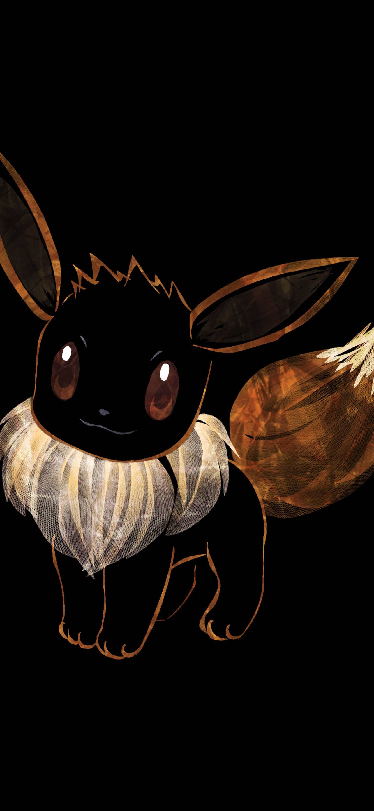 Eevee iPhone 桌布 壁紙 — 一隻風格化的伊布，擁有發光的眼睛和金色毛髮點綴，站在純黑色背景前。