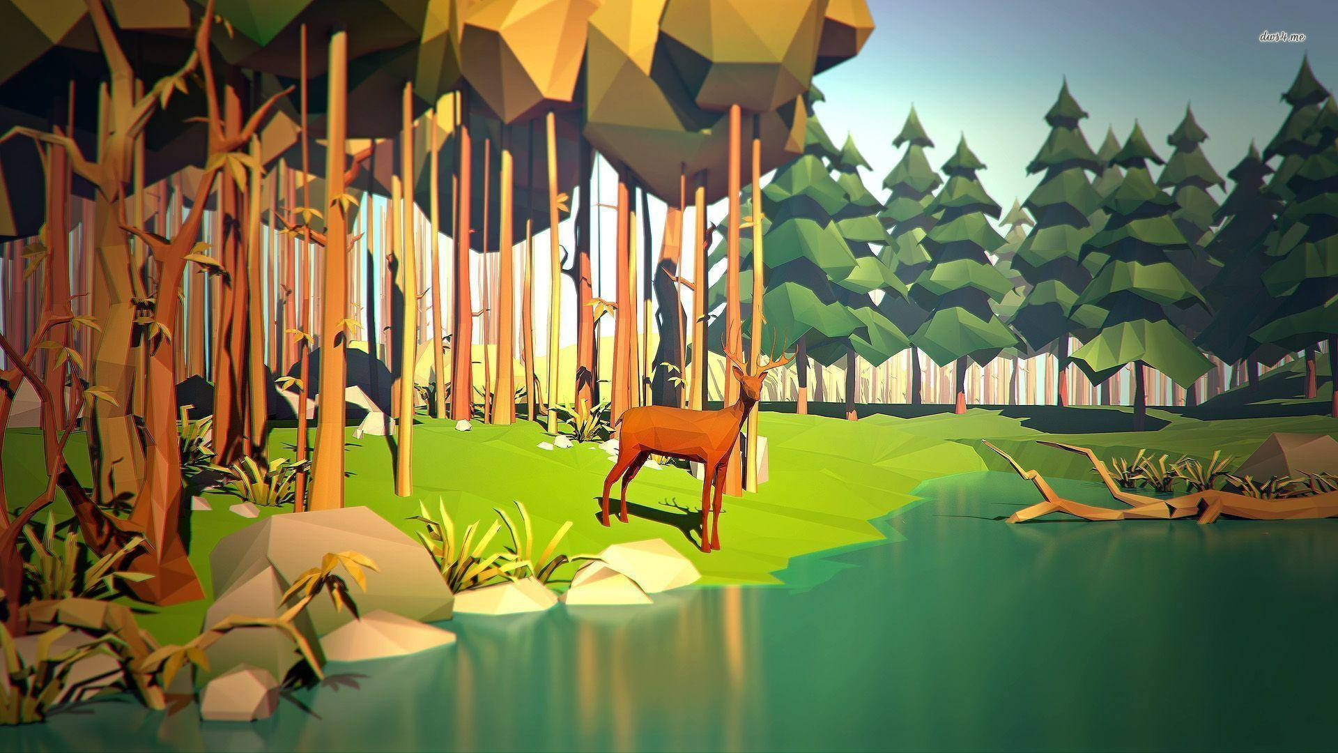 Polygon 桌布 壁紙 — 一隻風格化的低多邊形鹿站在平靜的河邊，周圍是充滿活力的森林，有幾何樹木和柔和的陽光穿透而過。