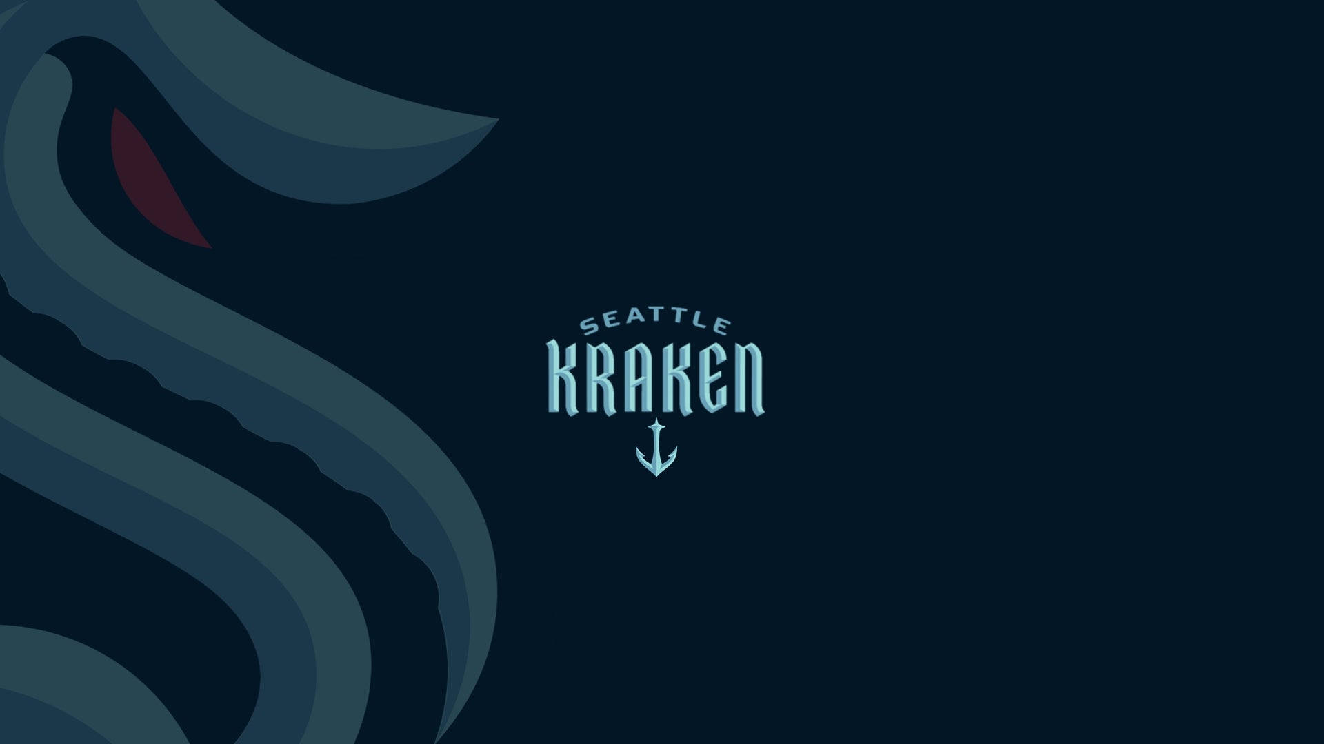 Kraken 桌布 壁紙 — 一隻風格化的克拉肯觸手，帶有紅色眼睛，從深藍色水中浮現，旁邊是西雅圖克拉肯標誌。