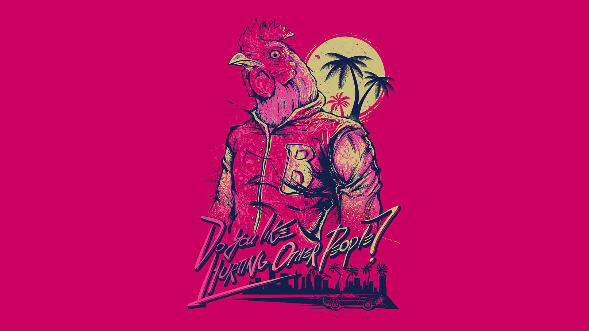 Hotline Miami 桌布 壁紙 — 一隻風格化的公雞穿著轟炸機夾克，站在充滿活力的粉紅色背景前，背景有棕櫚樹和黃色的太陽。