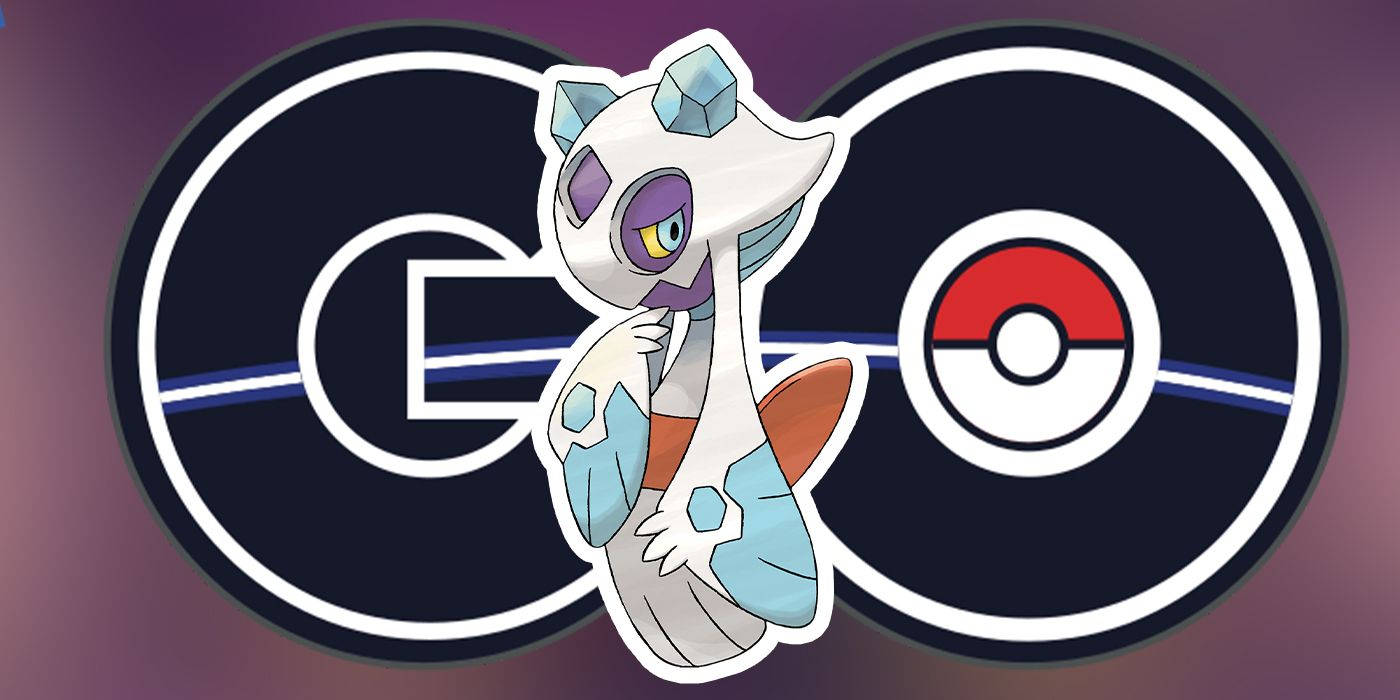 遊戲 桌布 壁紙 — 一隻風格化的冰伊布站在一個大型精靈球和「GO」標誌前，背景為紫色漸變。