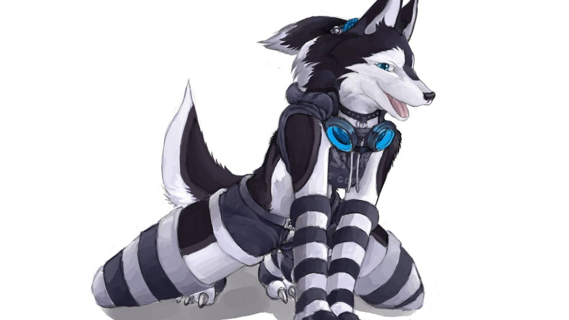 Furry 桌布 壁紙 — 一隻風格化的動漫哈士奇，黑白毛髮，穿著條紋緊身褲和藍色耳機，坐在純白色背景前。