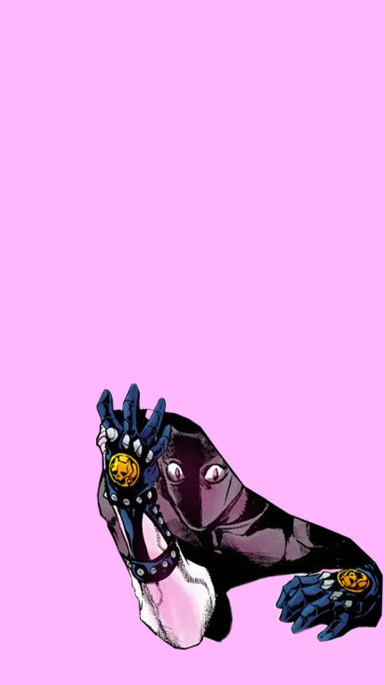 Jojo Phone 桌布 壁紙 — 一隻風格化的動漫手，戴著骷髏戒指和白色毛皮袖口，背景為純粉色。