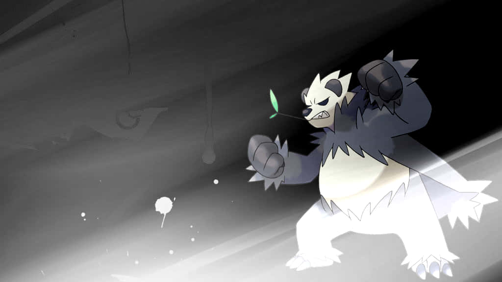 Pokemon Aesthetic 桌布 壁紙 — 一隻風格化的動漫熊，帶有尖刺毛皮和發光的眼睛，在黑暗、粗糙的環境中向前猛衝，周圍漂浮著碎片。