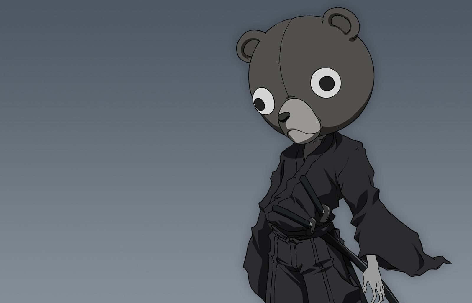 Afro Samurai 桌布 壁紙 — 一隻風格化的動漫熊穿著深色武士服，站在柔和的灰色漸變背景前。