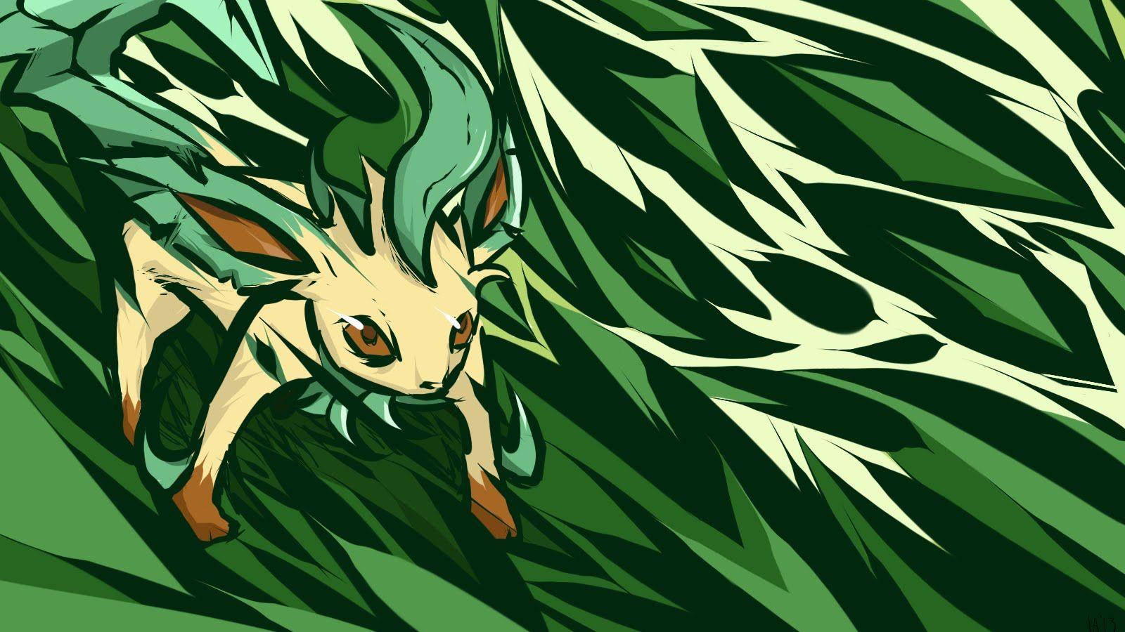 Leafeon 桌布 壁紙 — 一隻風格化的動漫狐狸，擁有綠色皮毛和橙色眼睛，從動態的綠色葉片圖案中浮現，形成大膽的圖形插圖。