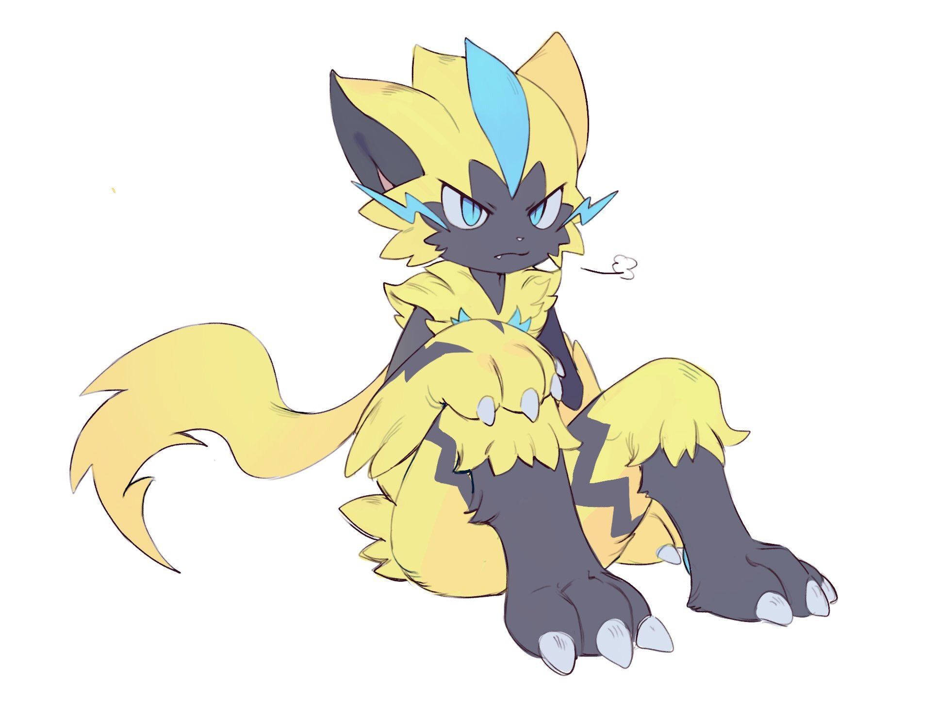 Zeraora 桌布 壁紙 — 一隻風格化的動漫狐狸般生物，黃色毛皮帶藍色閃電點綴，自信地坐在純白色背景前。