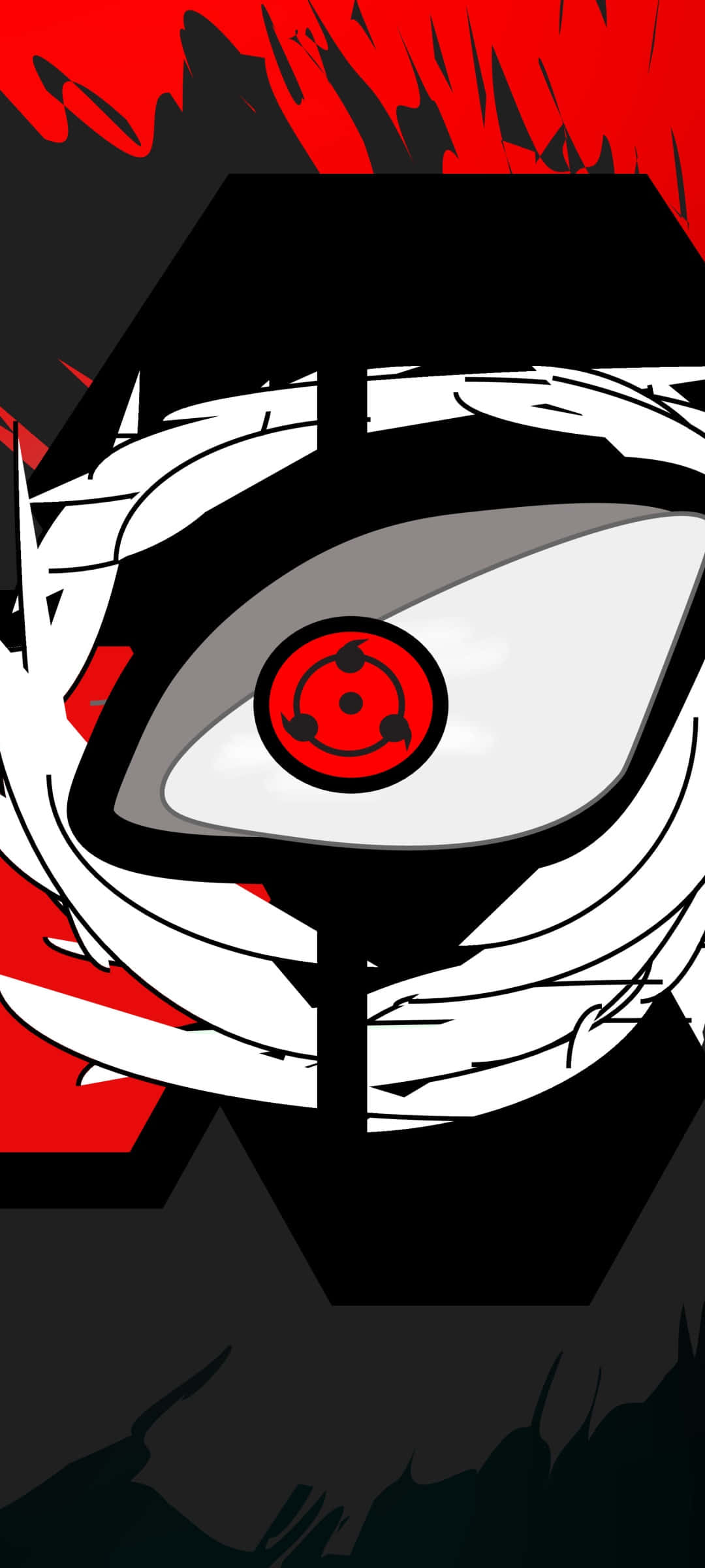 Uchiha Clan 桌布 壁紙 — 一隻風格化的動漫眼睛，帶有紅色巴紋圖案，在黑色和紅色背景上強烈凝視。