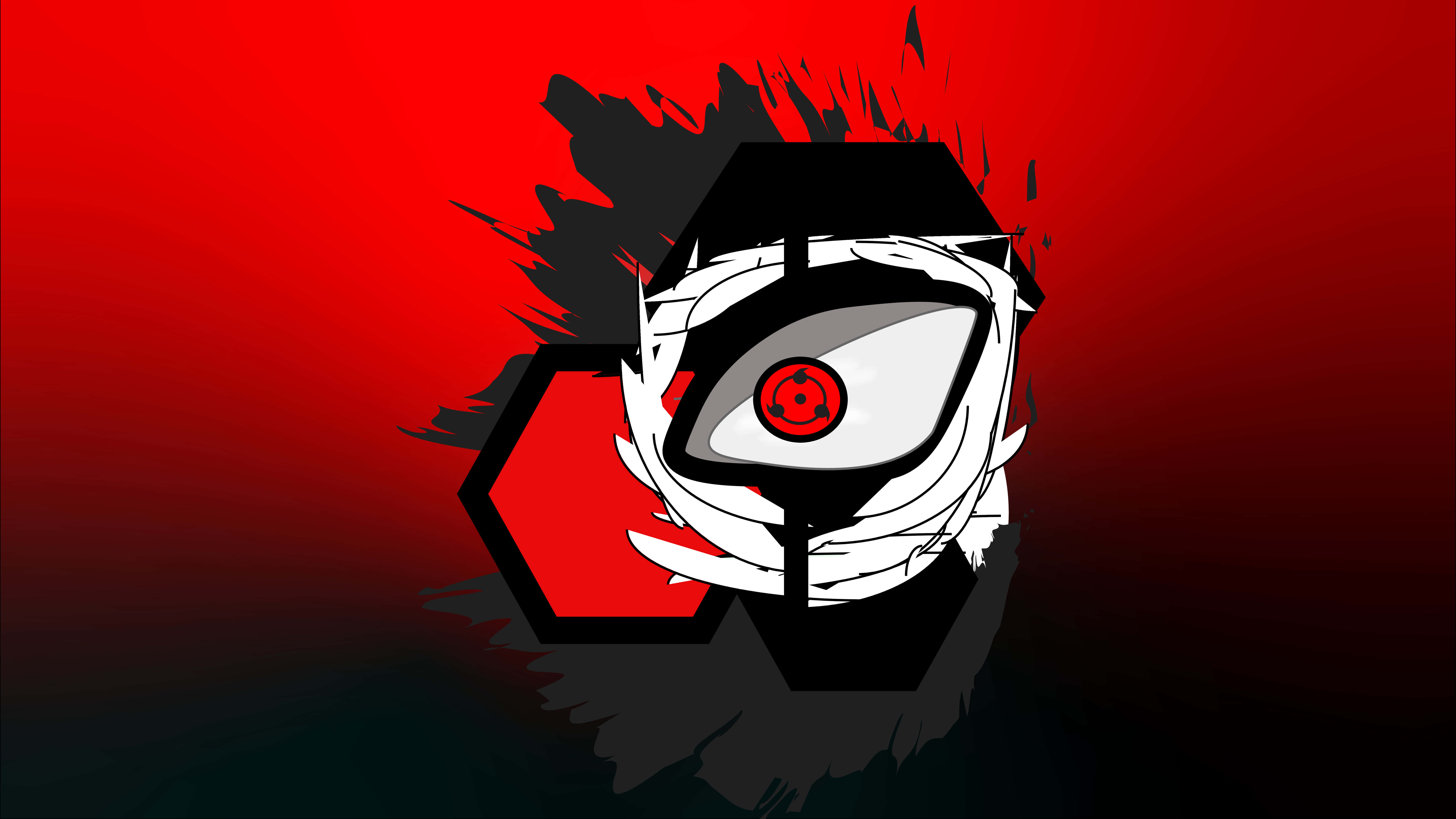 Uchiha Clan 桌布 壁紙 — 一隻風格化的動漫眼睛，帶有紅色巴紋符號，從白色繃帶中窺視，背景為紅黑漸層色。