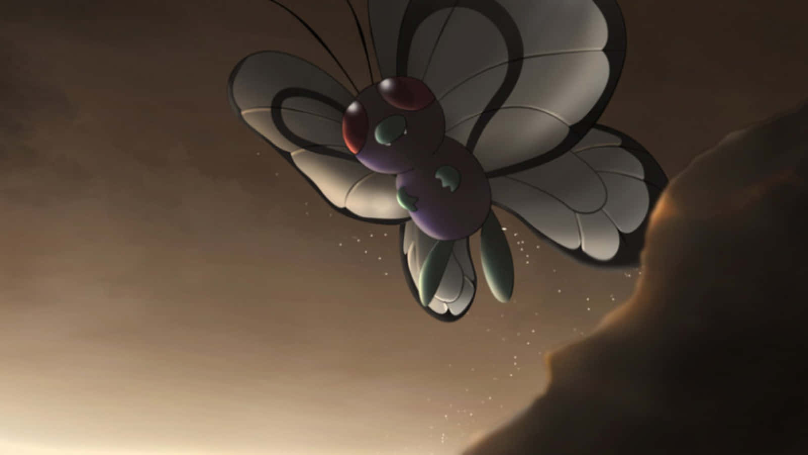Pokemon Aesthetic 桌布 壁紙 — 一隻風格化的動漫蝴蝶，灰色翅膀，紫色身體，在朦朧的日落天空中滑翔。