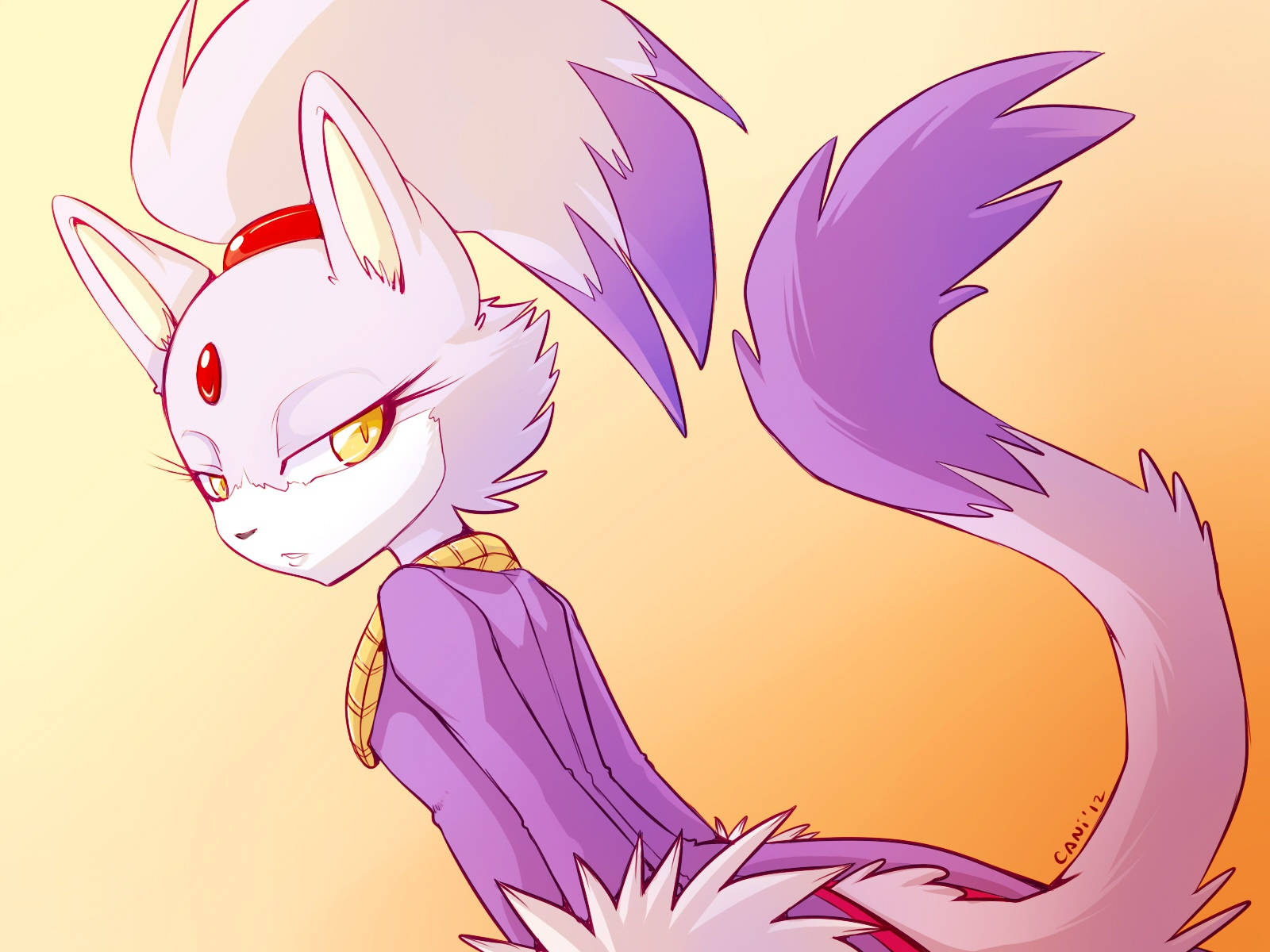 Blaze The Cat 桌布 壁紙 — 一隻風格化的動漫貓，白色毛皮帶紫色點綴和金色眼睛，在溫暖漸變背景前擺姿勢。