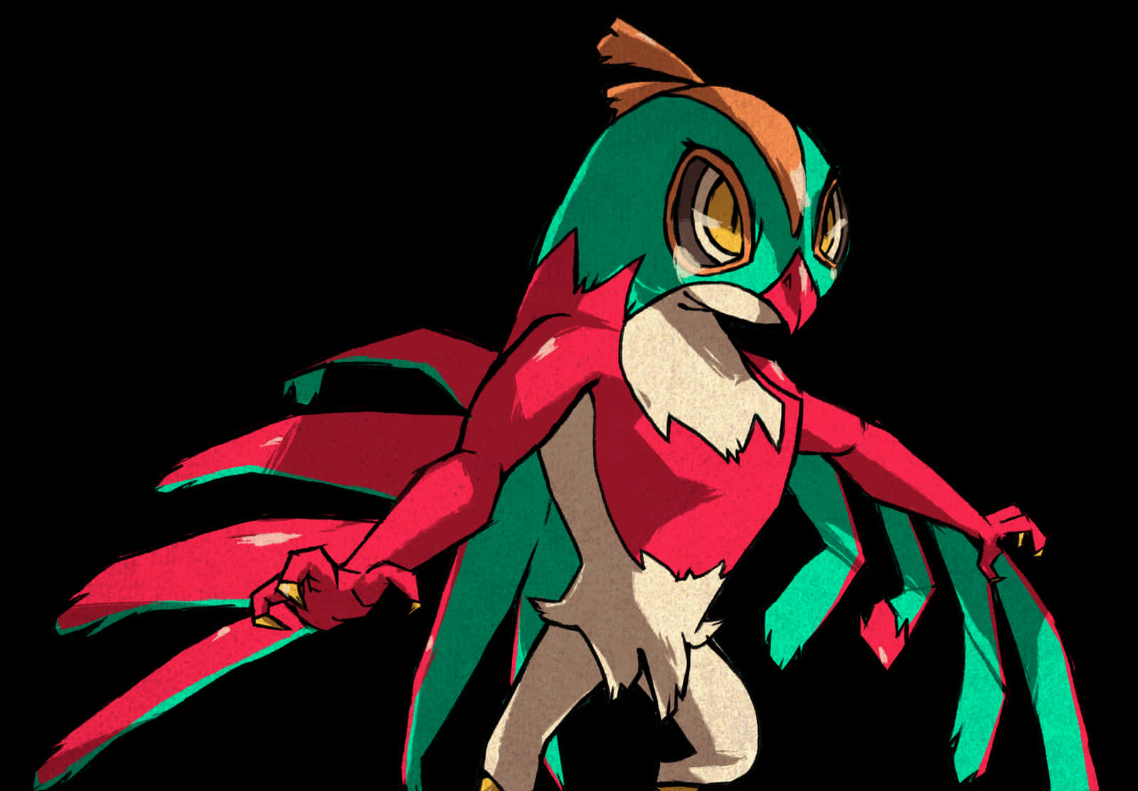 Hawlucha 桌布 壁紙 — 一隻風格化的動漫貓頭鷹生物，擁有紅色、綠色和米色的羽毛，在純黑色背景上擺出姿勢。
