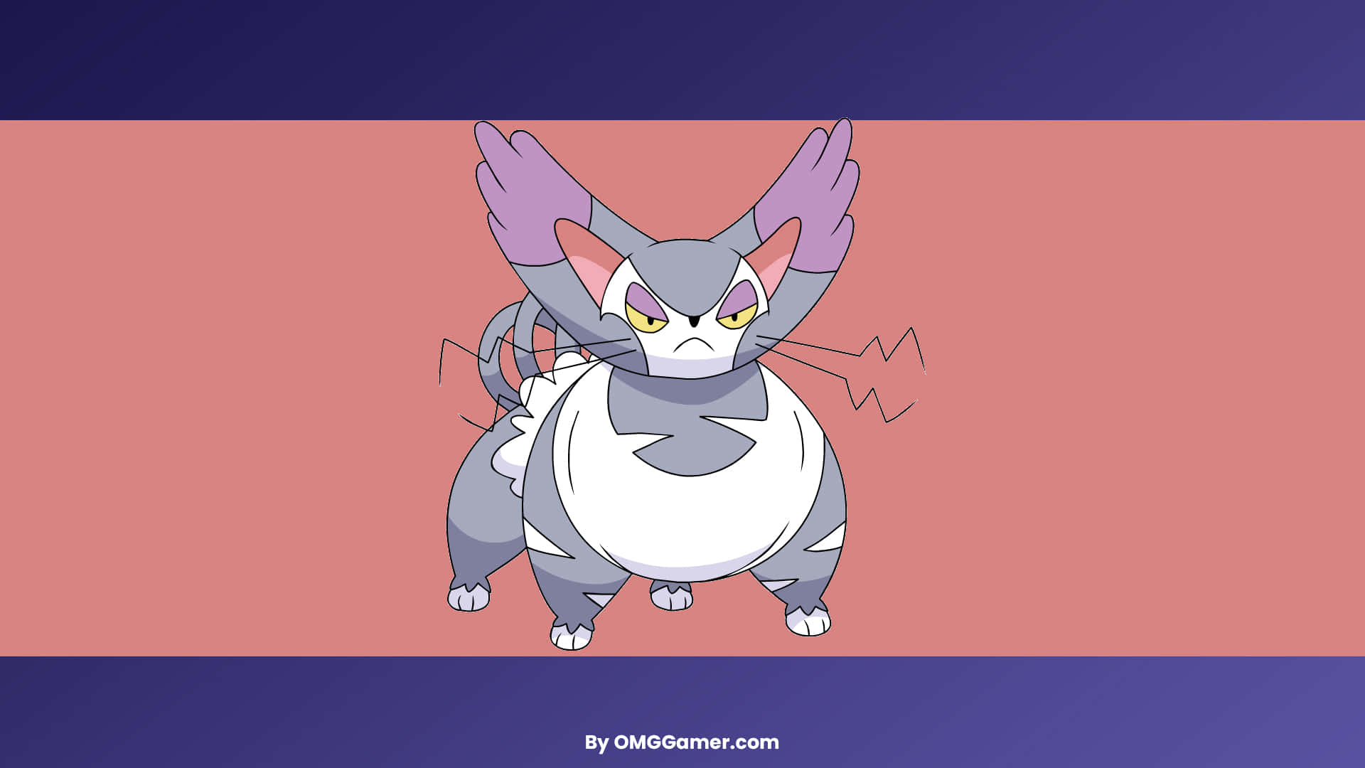 Pokemon 桌布 壁紙 — 一隻風格化的動畫貓寶可夢，擁有紫色翅膀和黃色眼睛，憤怒地站在粉藍條紋背景前。