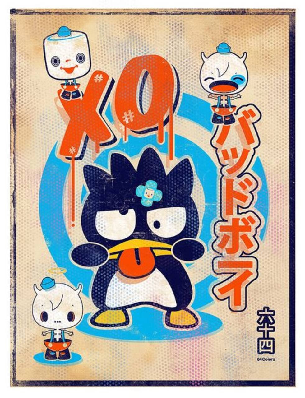 Badtz Maru 桌布 壁紙 — 一隻風格化的卡通企鵝，貼著繃帶，橙色喙，站在中央，周圍有三個古怪角色，背景是帶有紋理的米色，並有醒目的橙色和藍色點綴。