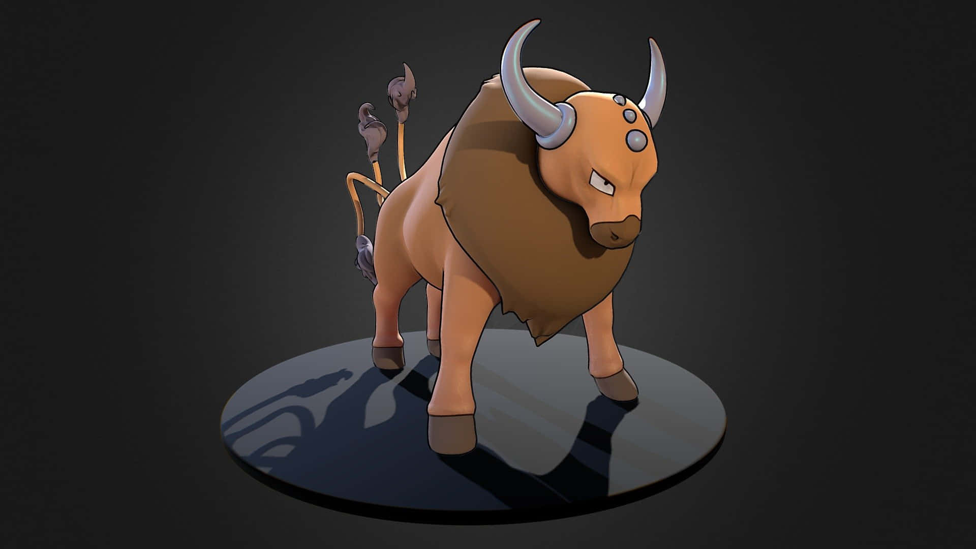 3D 桌布 壁紙 — 一隻風格化的卡通公牛，擁有銀色角和蓬鬆鬃毛，站在圓形平台上，背景為深色。