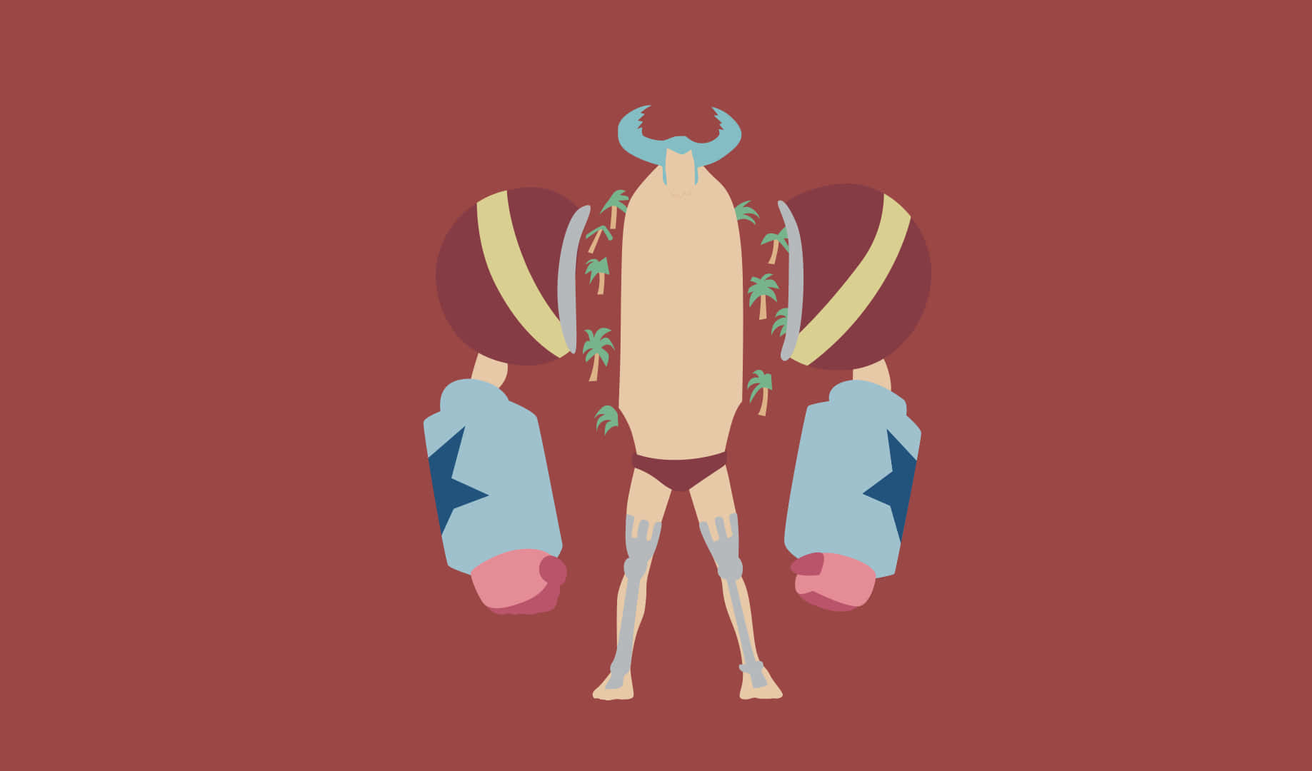One Piece Cool 桌布 壁紙 — 一隻風格化的卡通公牛，肩膀上長出棕櫚樹，站在純紅色背景前。