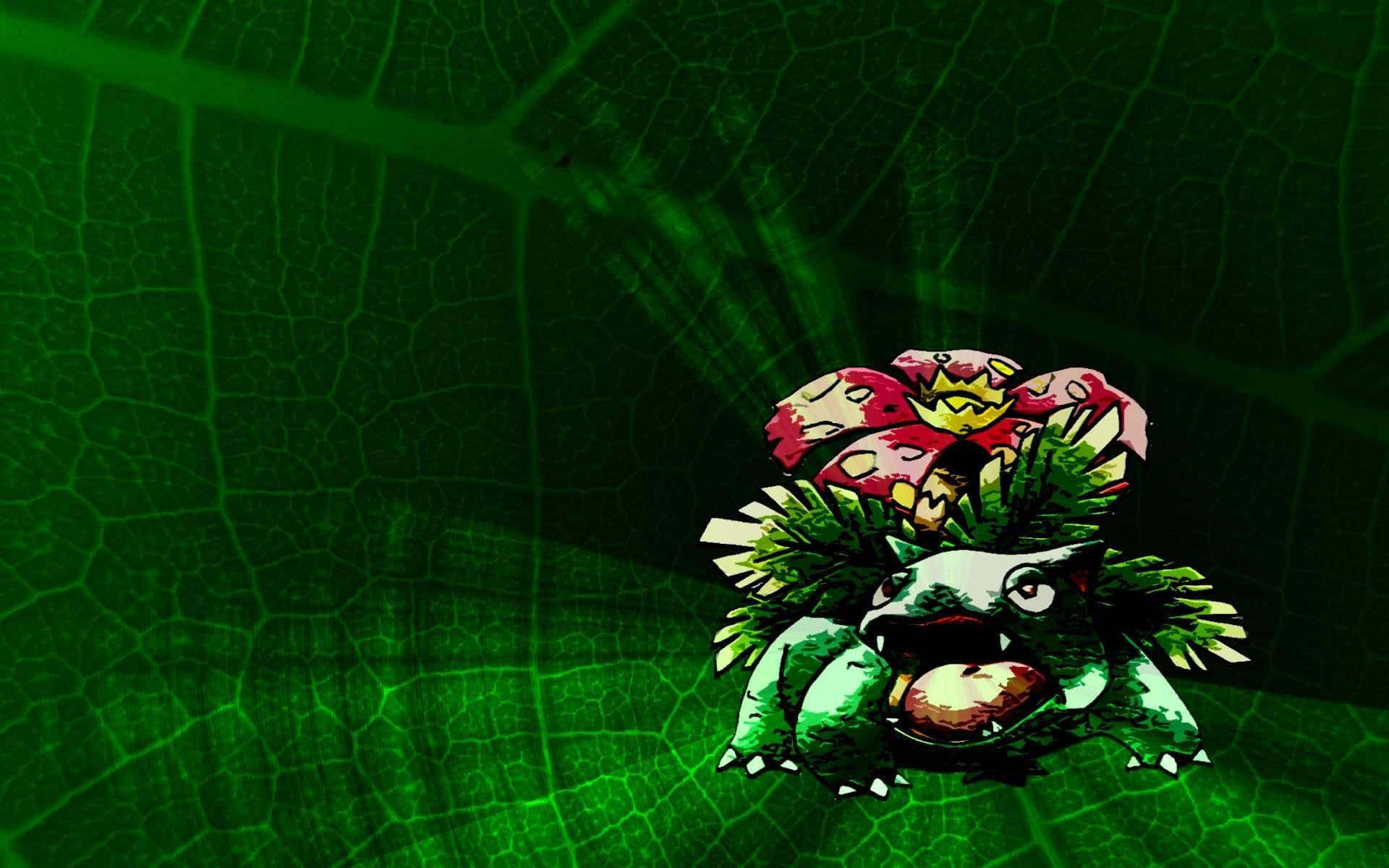 動漫 桌布 壁紙 — 一隻風格化的卡通寶可夢，背上有一朵花，坐在一片帶有發光葉脈的巨大綠葉上。