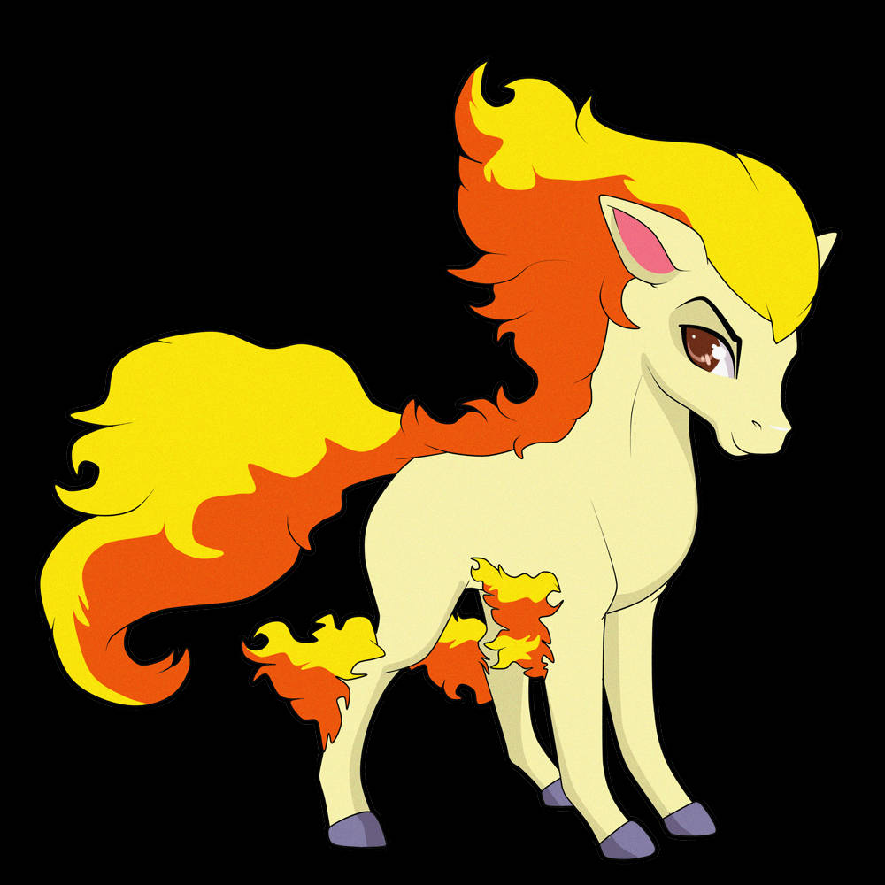 寶可夢 桌布 壁紙 — 一隻風格化的卡通小馬，擁有火紅橙色和黃色的鬃毛、尾巴和蹄子，背景為黑色。