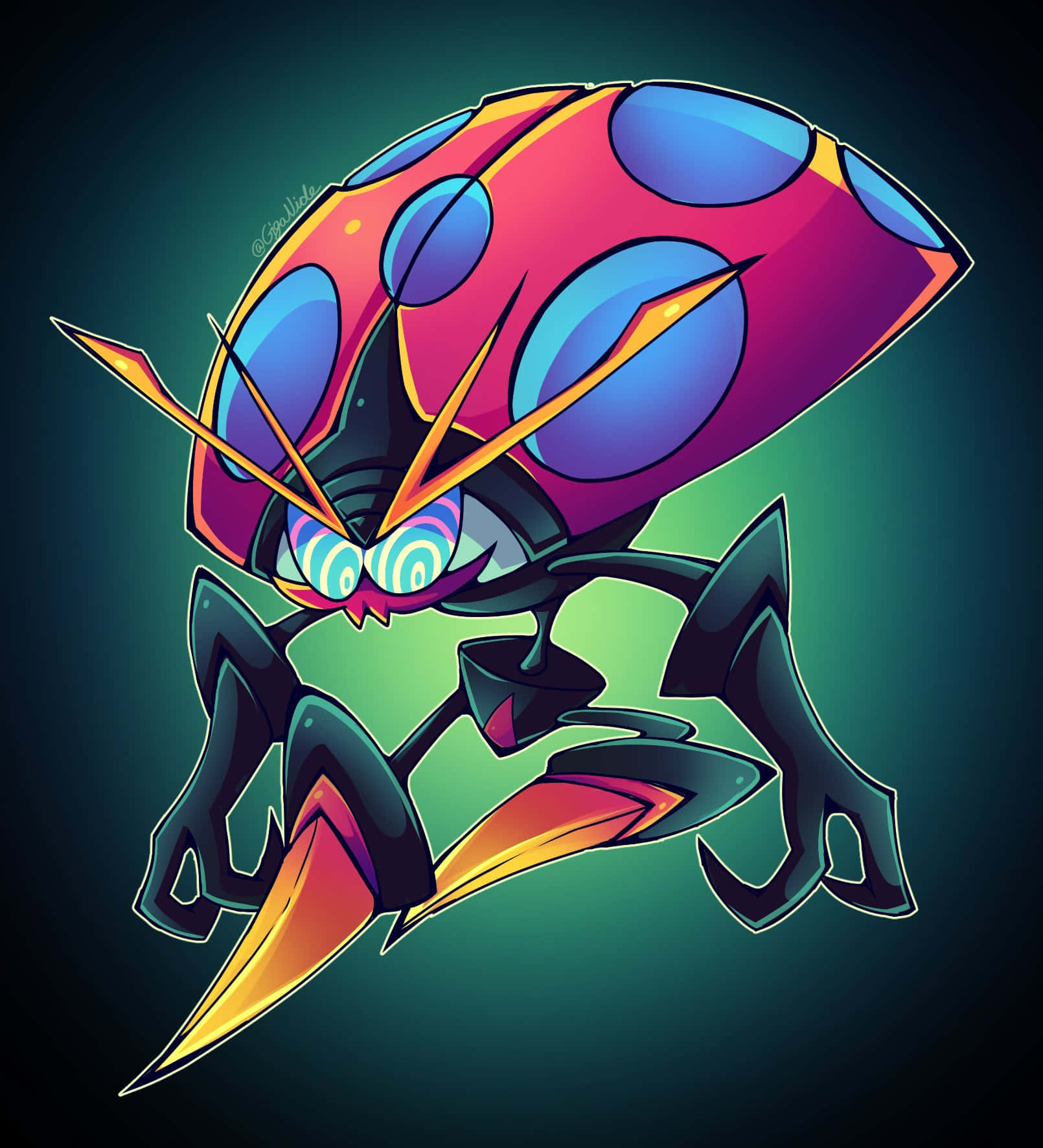 Beetle 桌布 壁紙 — 一隻風格化的卡通瓢蟲，帶有發光的藍色斑點和尖銳的橙色刺，背景為深色漸變。