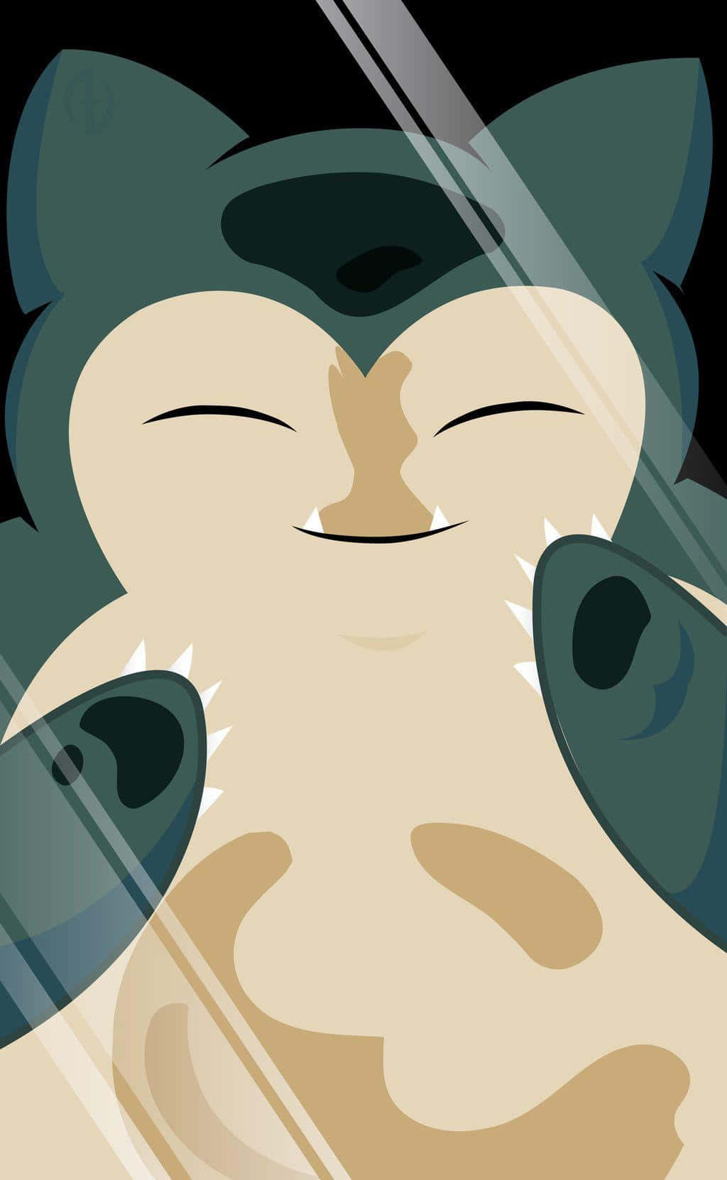 卡比獸 桌布 壁紙 — 一隻風格化的卡通貓頭鷹，閉著眼睛，帶著平靜的微笑，被黑色背景上的對角玻璃條紋框住。