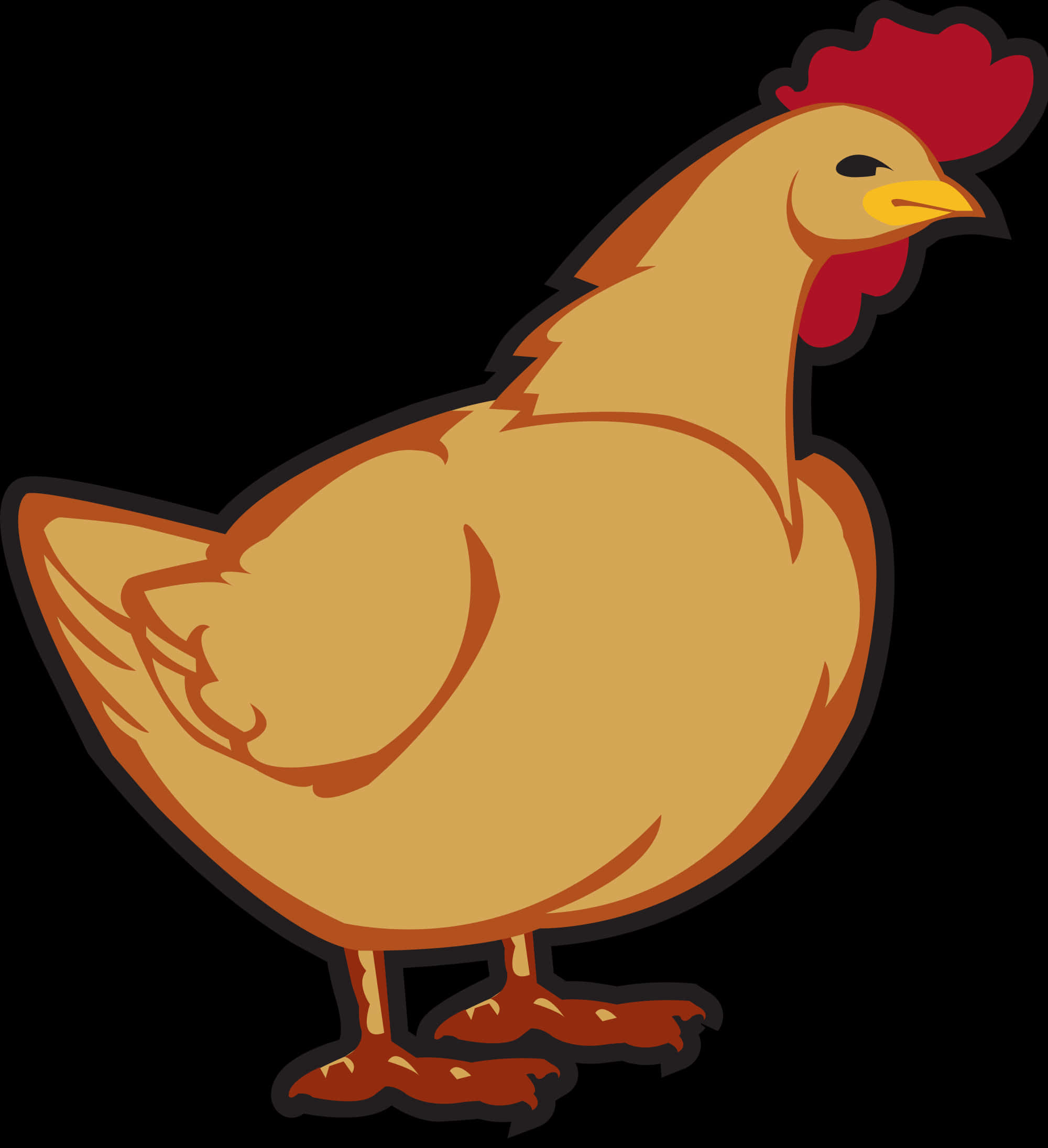 Clip Art 桌布 壁紙 — 一隻風格化的卡通雞，有紅色雞冠和黃色喙，站在黑色背景前。