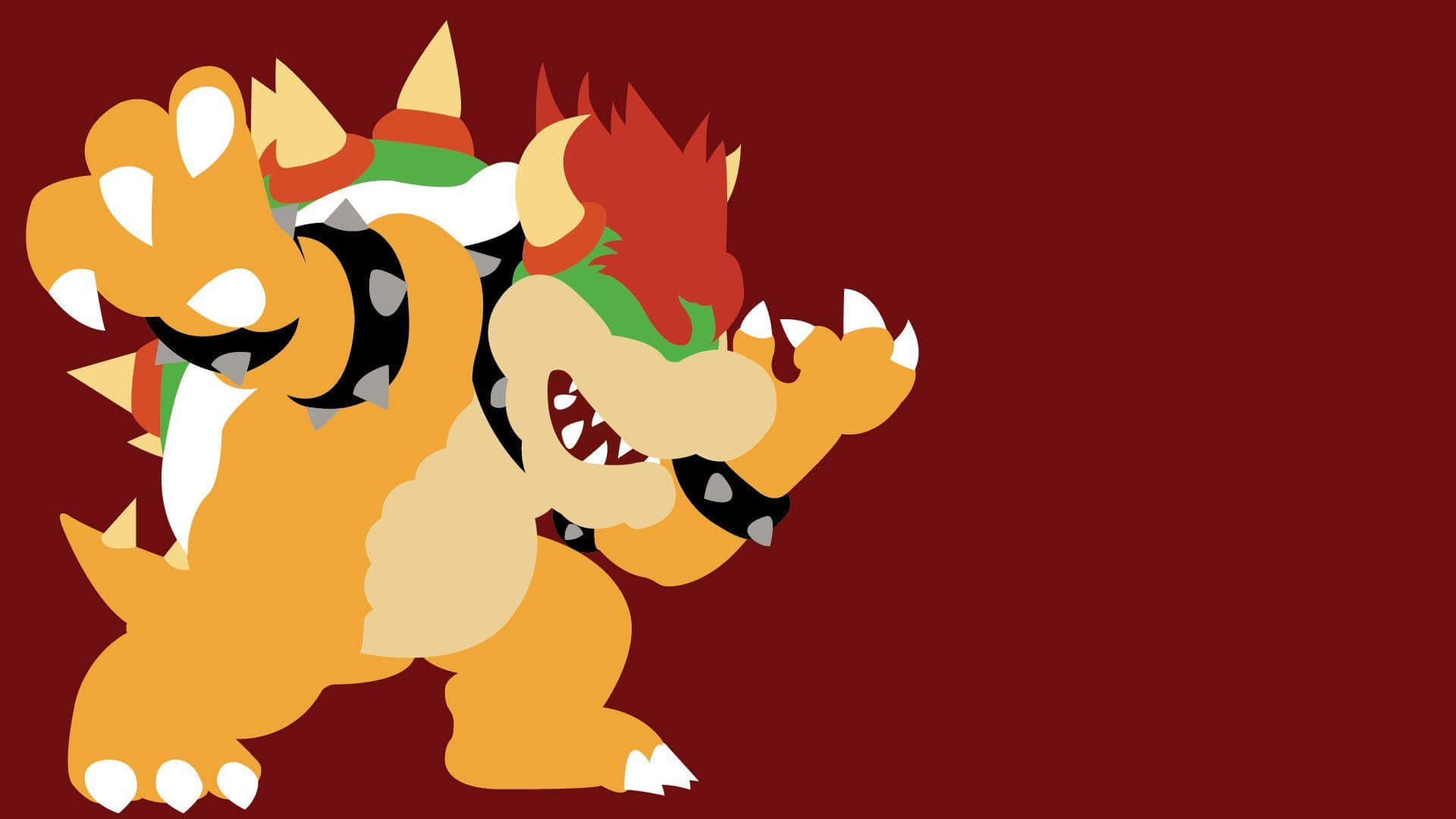 bowser 桌布 壁紙 — 一隻風格化的卡通龍，帶有紅色尖刺和綠色外殼，在純栗色背景上兇猛地咆哮。