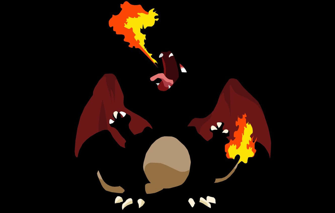 Pokemon Charizard 桌布 壁紙 — 一隻風格化的卡通龍，擁有紅色翅膀和火焰般的氣息，背景為黑色。