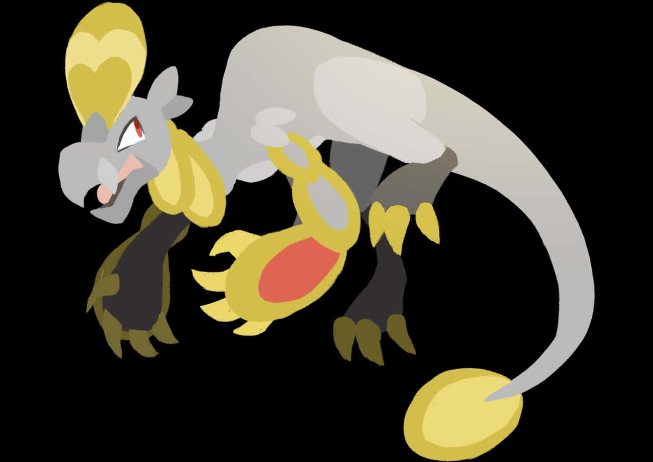 Pokemon Aesthetic 桌布 壁紙 — 一隻風格化的卡通龍，灰色身體帶黃色點綴和紅色眼睛，蹲伏在黑色背景前。