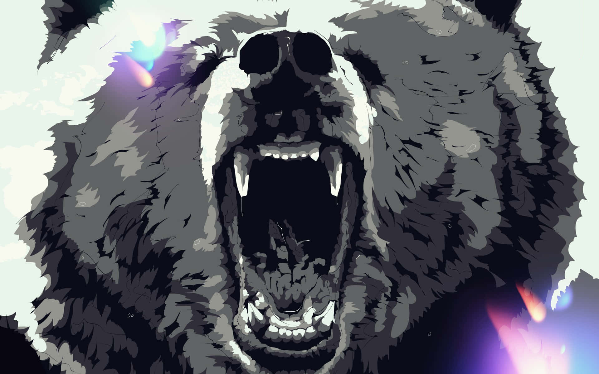 Cool Bear 桌布 壁紙 — 一隻風格化的咆哮熊，擁有鋒利的牙齒和發光的鏡頭光暈，背景為淡色。