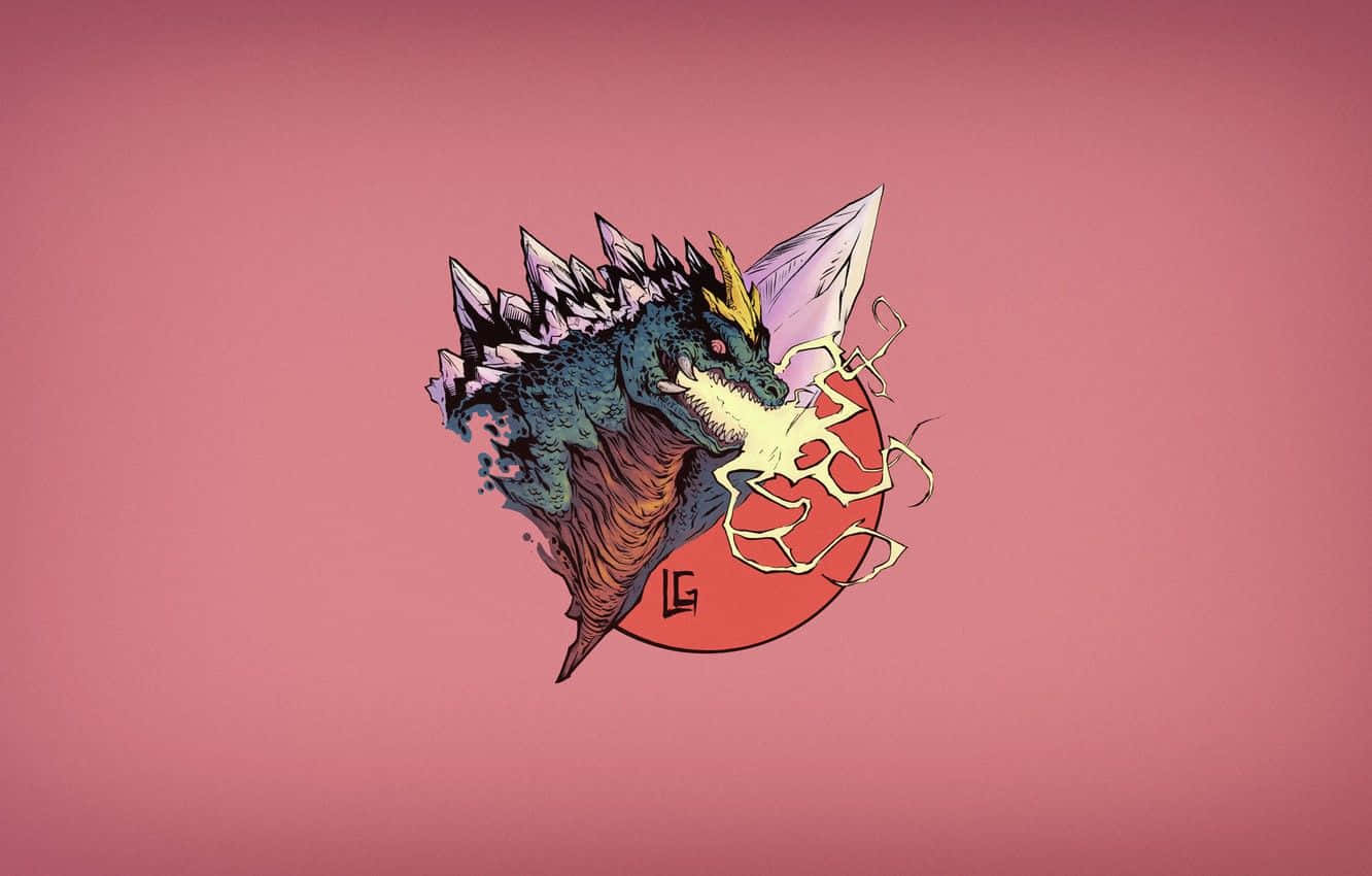 Godzilla Art 桌布 壁紙 — 一隻風格化的哥吉拉，背部有尖刺，眼睛發光，從一個紅色圓圈中出現，背景是純粉紅色。