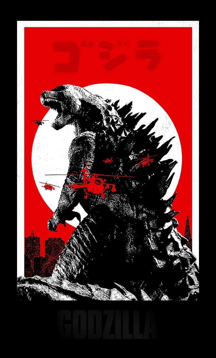 Classic Godzilla 桌布 壁紙 — 一隻風格化的哥吉拉在紅色背景上咆哮，背景有白色太陽和攻擊中的戰鬥機。