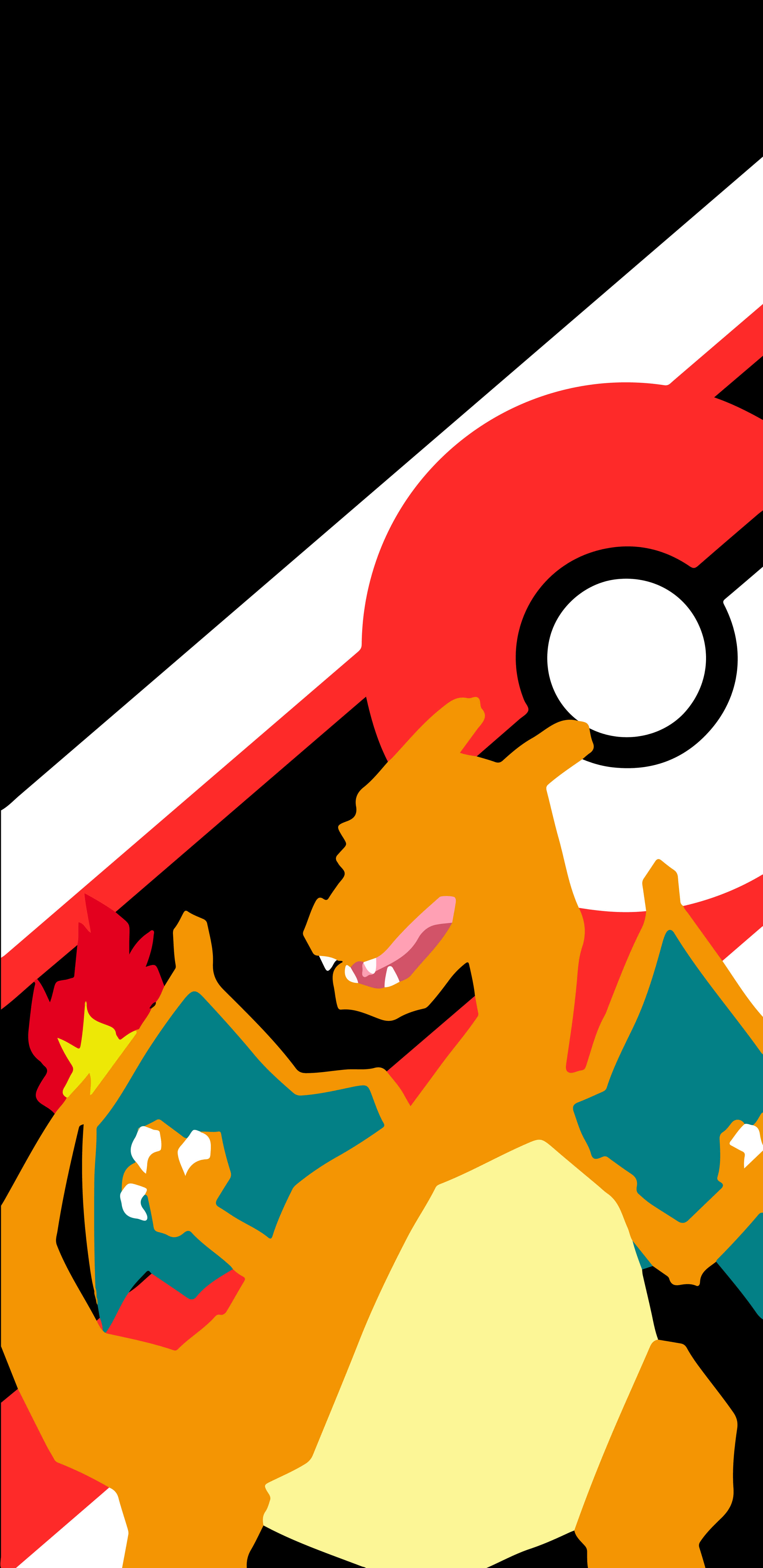 Pokemon Charizard 桌布 壁紙 — 一隻風格化的噴火龍自豪地站在一個大膽的紅、白、黑精靈球背景前，帶有火焰般的點綴。