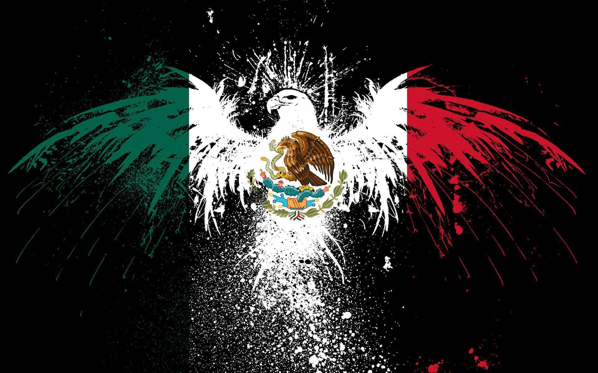 Chicano 桌布 壁紙 — 一隻風格化的墨西哥鷹，展開翅膀，以國旗顏色繪製，背景為黑色潑濺。