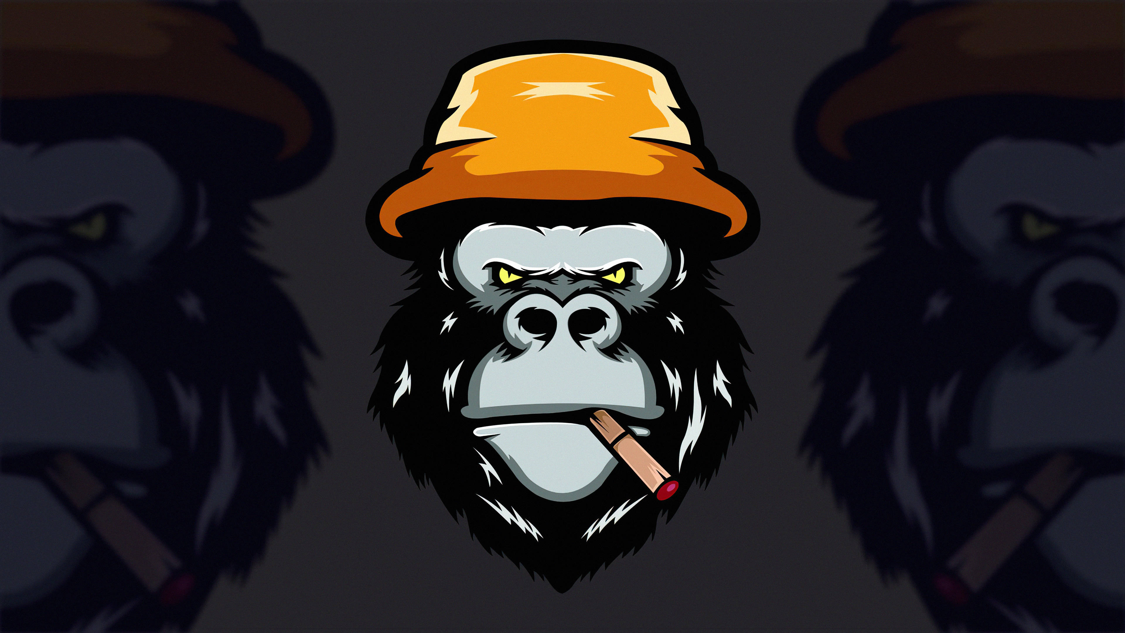 Cool Gorilla 桌布 壁紙 — 一隻風格化的大猩猩，戴著黃色帽子，抽著雪茄，在黑暗背景下有著發光的黃色眼睛。
