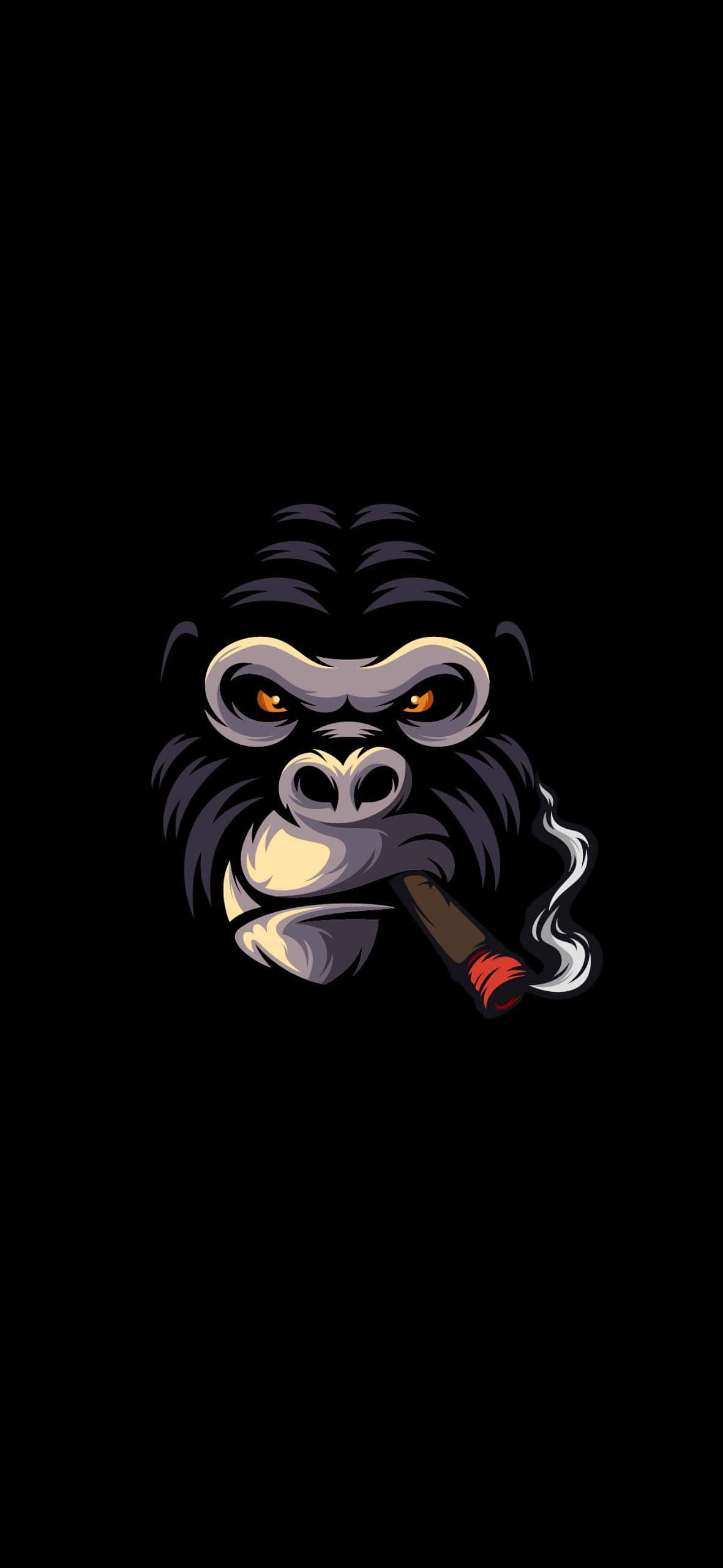 Monkey iPhone 桌布 壁紙 — 一隻風格化的大猩猩，眼睛發出橙色光芒，在黑色背景上抽雪茄。