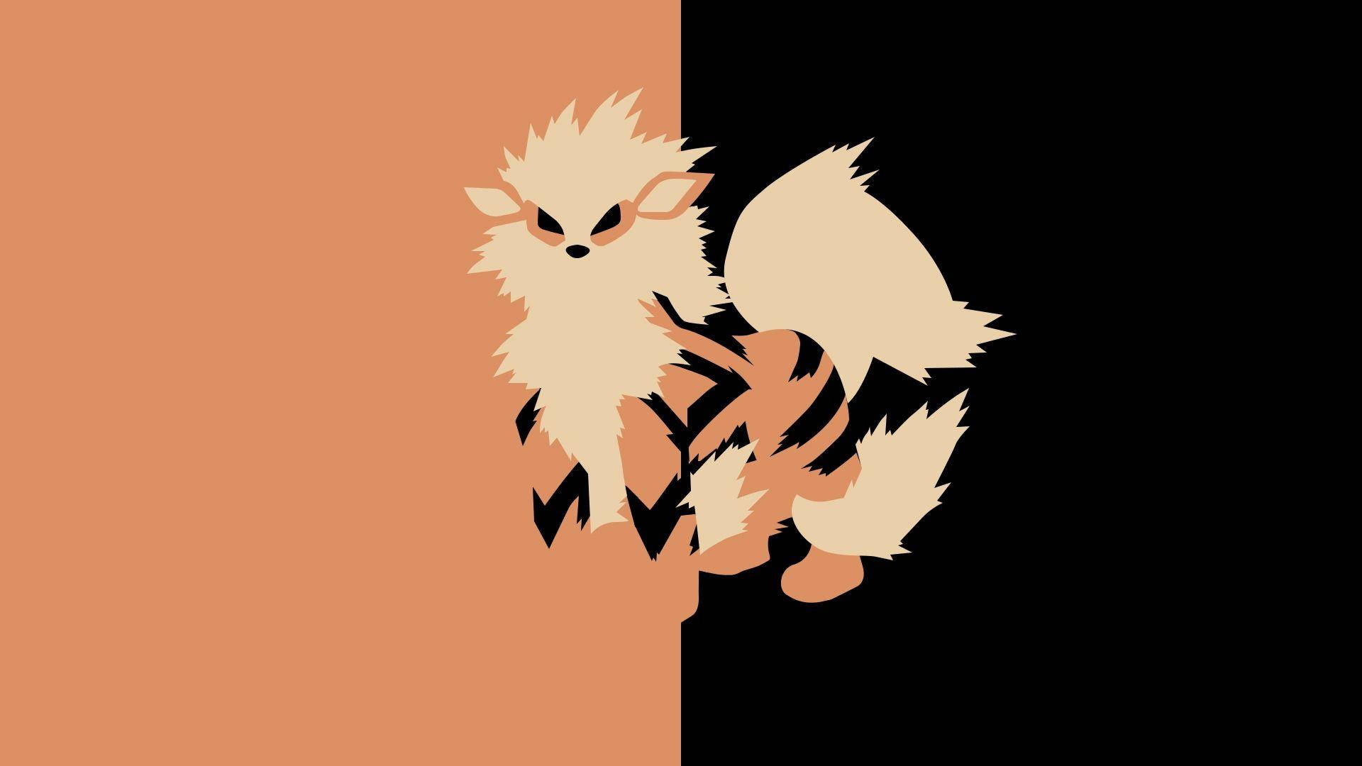 Arcanine 桌布 壁紙 — 一隻風格化的奶油色和黑色狐狸般生物，眼神銳利，站在由溫暖橙色和深邃黑色分割的背景前。