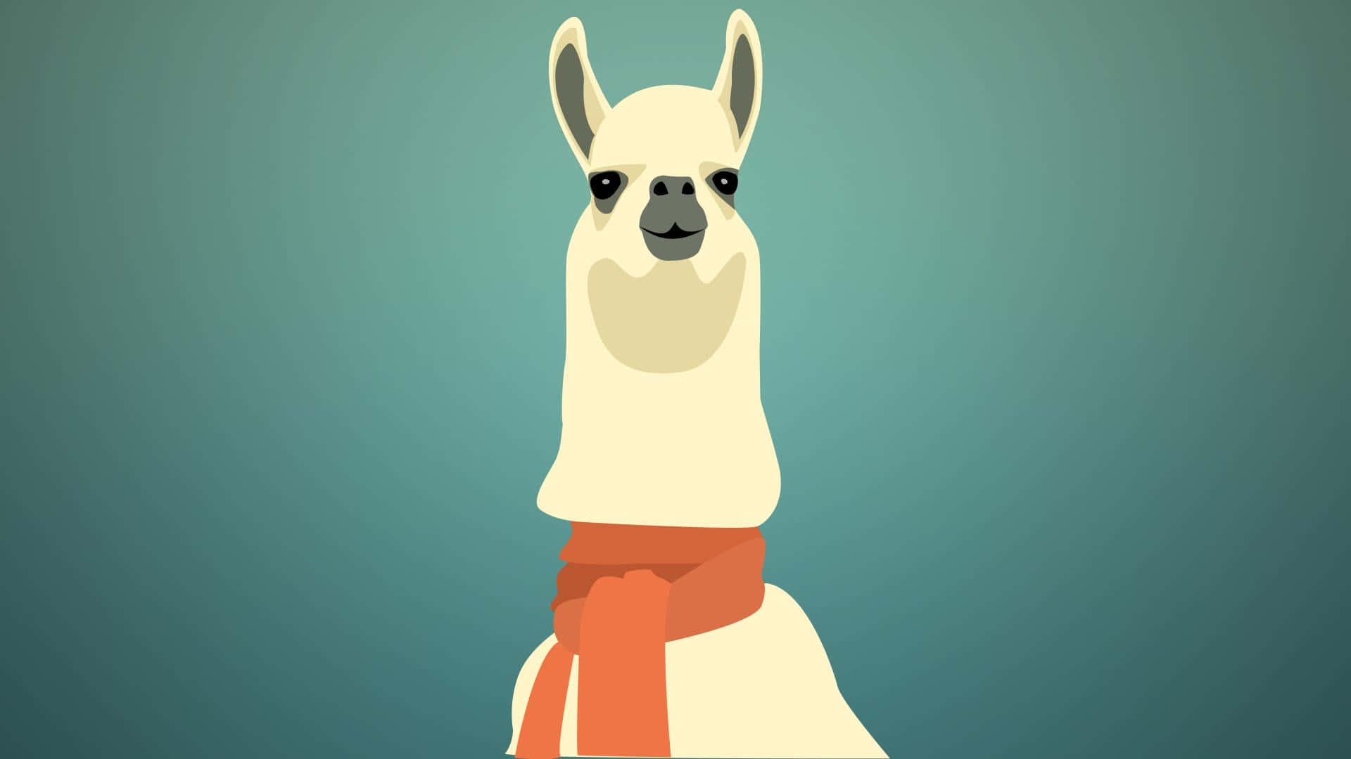 Alpaca 桌布 壁紙 — 一隻風格化的奶油色羊駝，戴著紅色圍巾，背景是藍綠色漸變色。