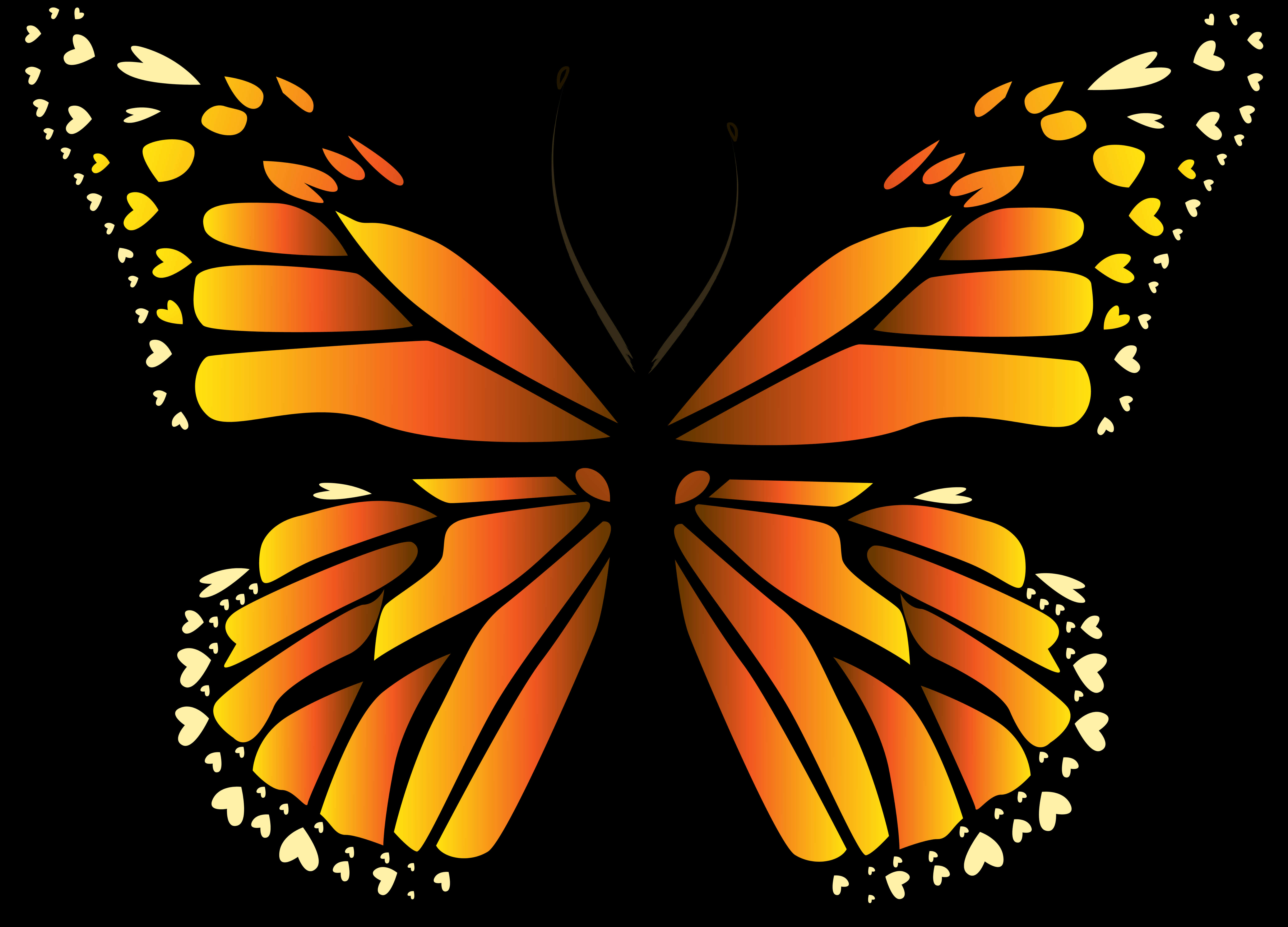 Monarch Butterfly 桌布 壁紙 — 一隻風格化的帝王斑蝶，帶有橙黃色翅膀和心形邊緣，在黑色背景上發光。