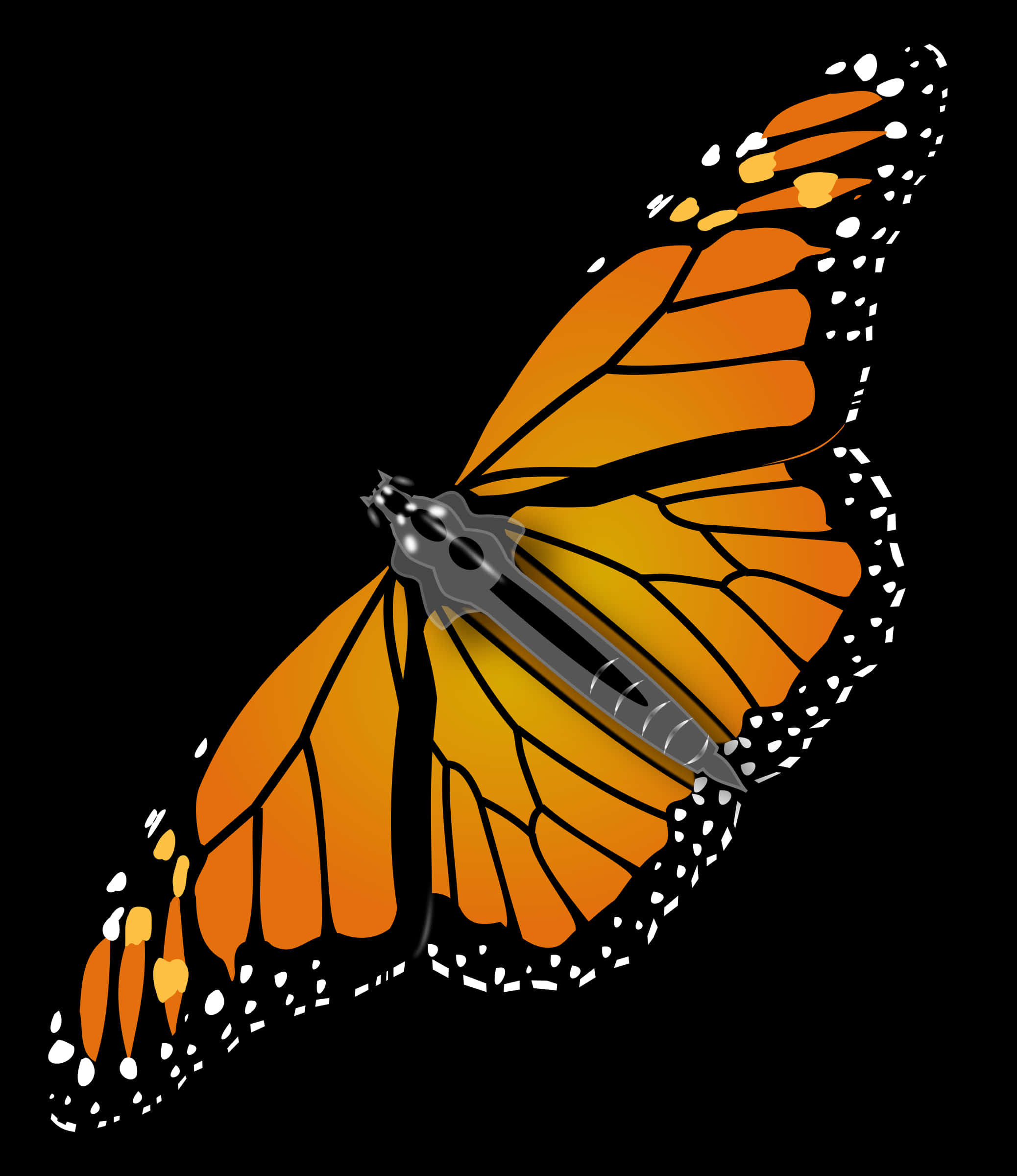 Monarch Butterfly 桌布 壁紙 — 一隻風格化的帝王斑蝶，擁有橙色翅膀和白色斑點，其身體被金屬時鐘機制取代，背景為黑色。