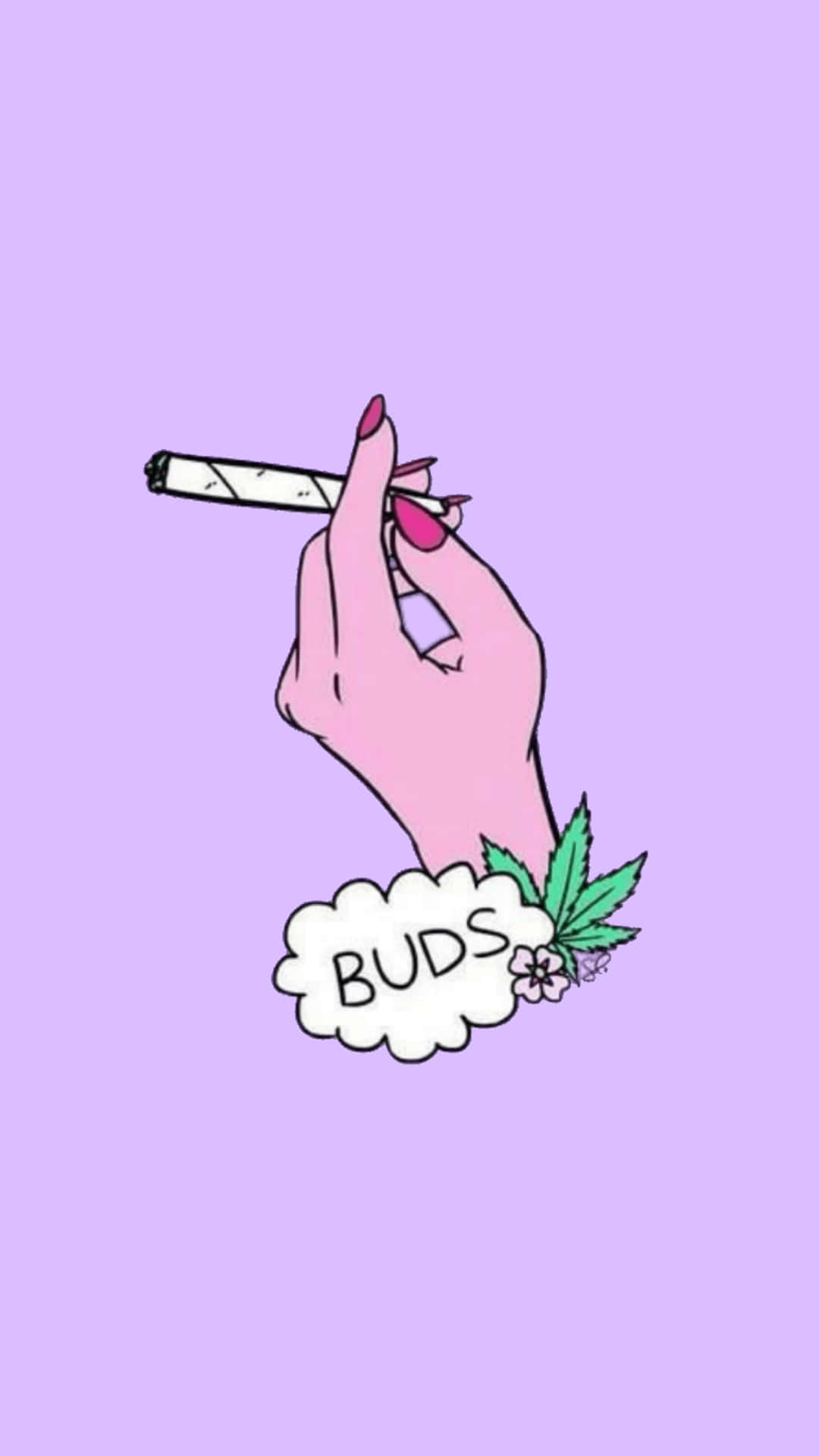 老友記 桌布 壁紙 — 一隻風格化的手，帶有粉紅色指甲，在薰衣草背景上拿著一支大麻煙，並帶有「BUDS」對話框和大麻葉。