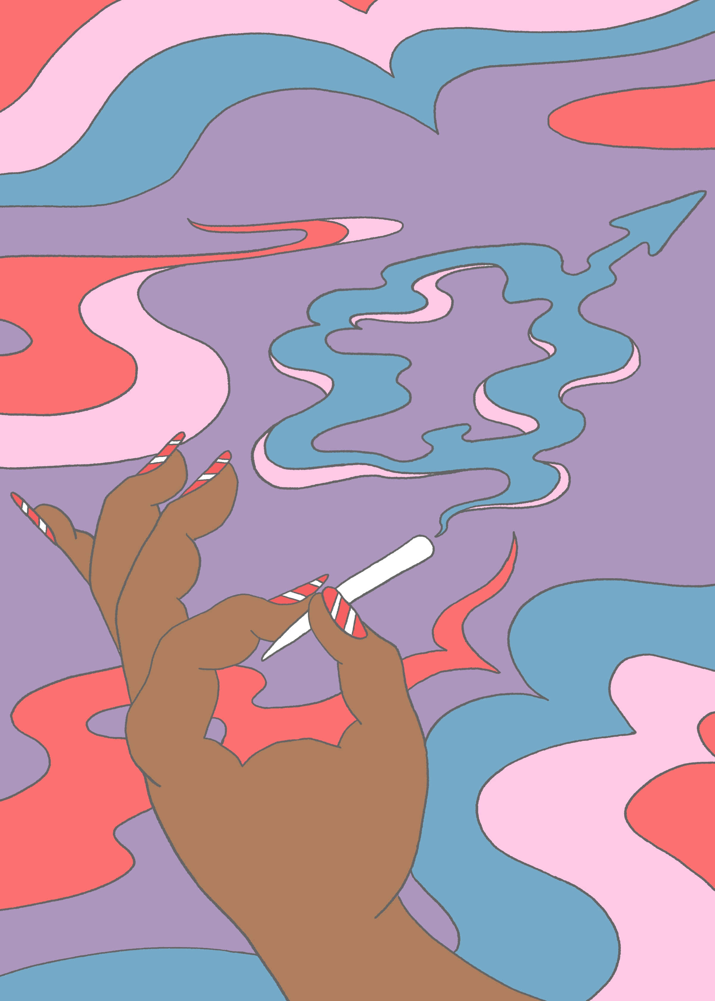 Weed Blunt 桌布 壁紙 — 一隻風格化的手，帶有紅白條紋指甲，拿著香煙，背景是粉紅、藍色和紫色的漩渦抽象圖案。