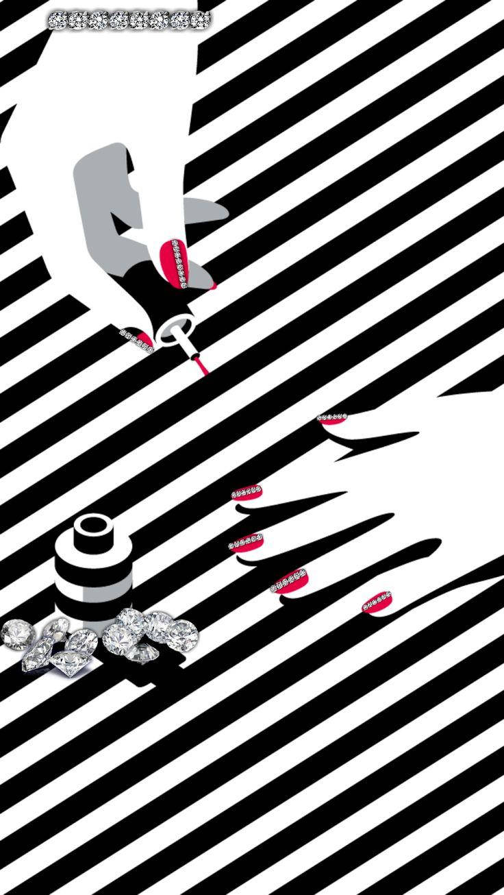 Sephora 桌布 壁紙 — 一隻風格化的手，帶有紅色和白色的指甲，在醒目的黑白對角條紋上塗抹指甲油。